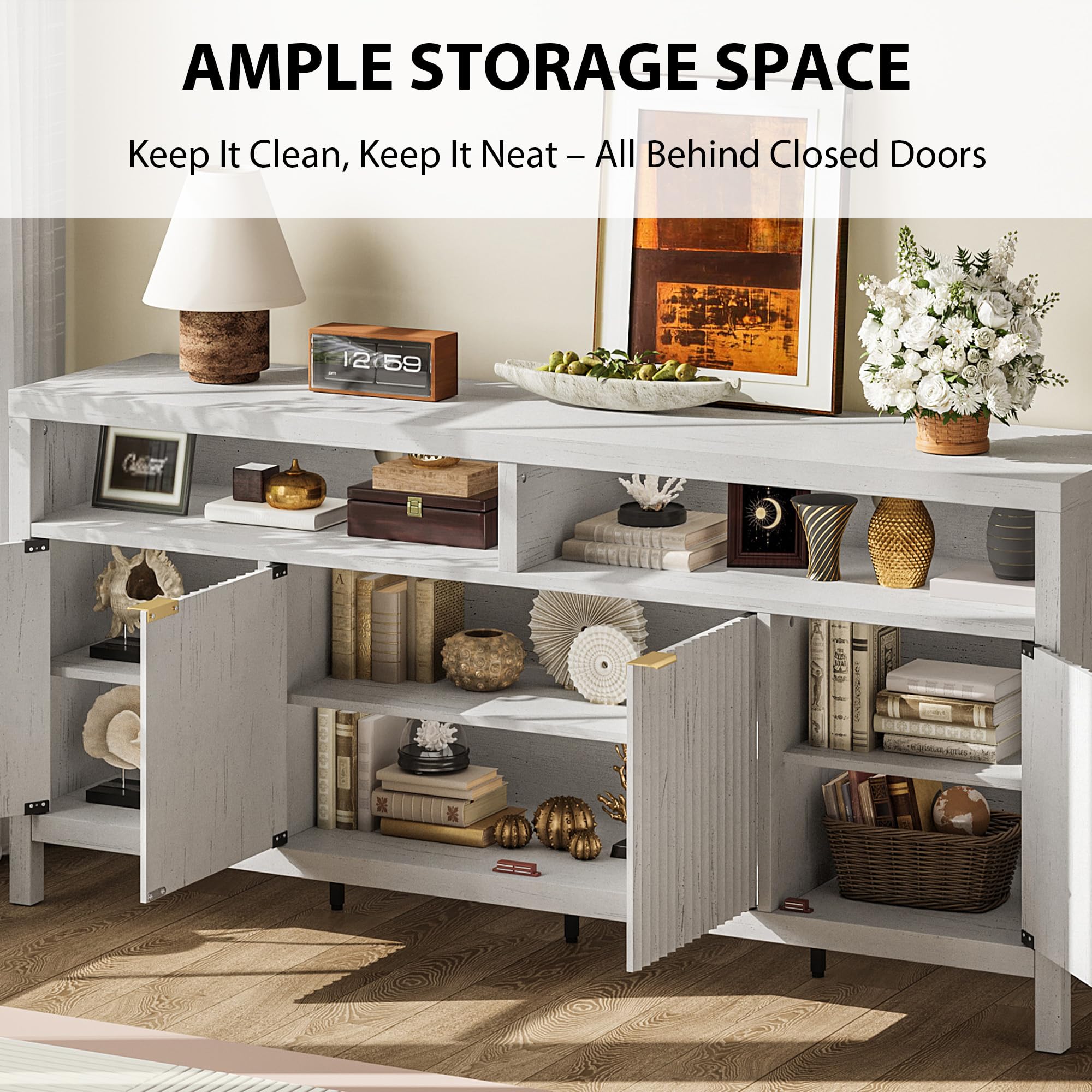 GarveeLife 65 Inch Fluted Sideboard Buffet Cabinet with Storage, Modern Wood Sideboard Cabinet with 4 Doors, Buffets & Sideboards for Kitchen,Dining Room,Living Room,Hallway,White
