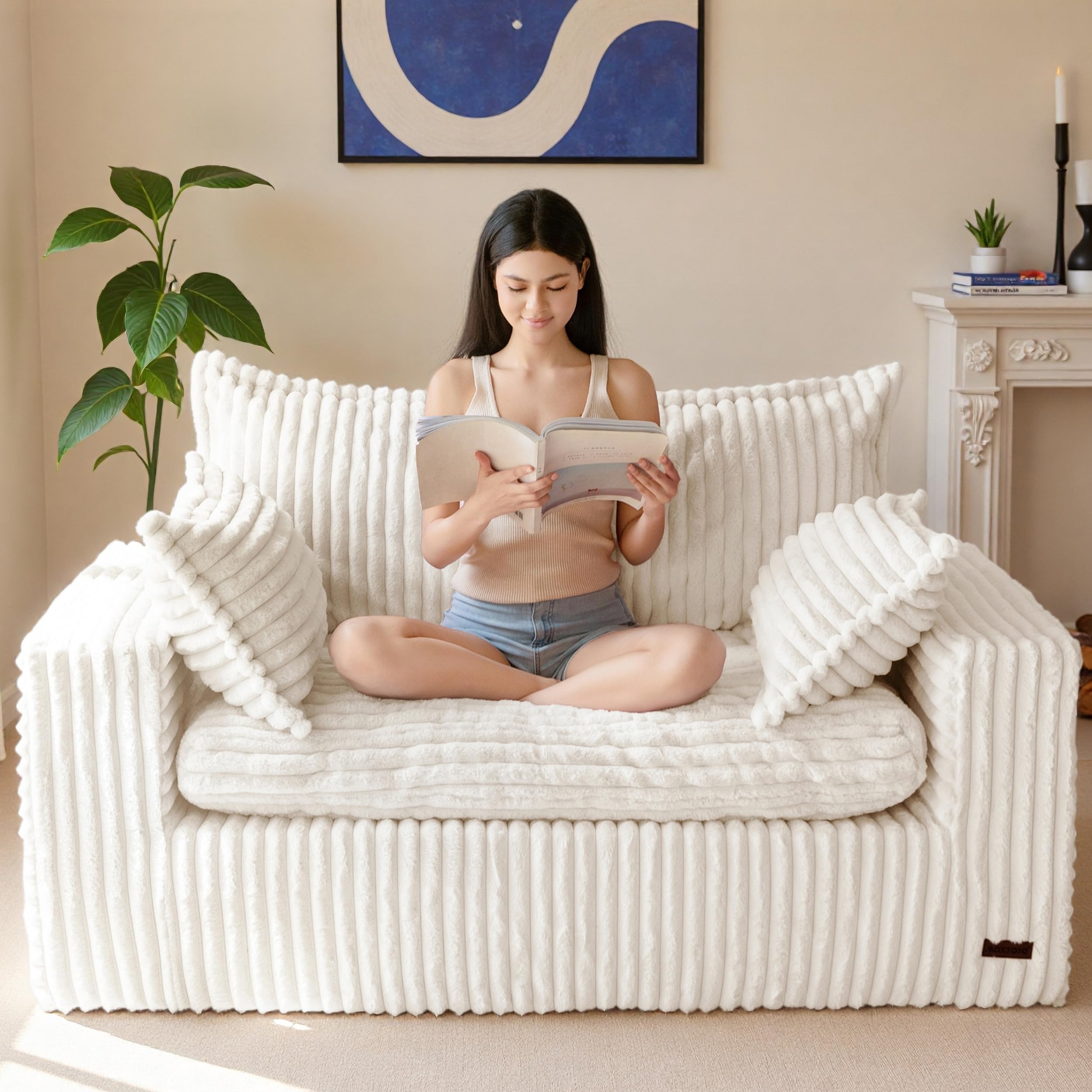 59" Faux Fur Bean Bag Loveseat Sofa