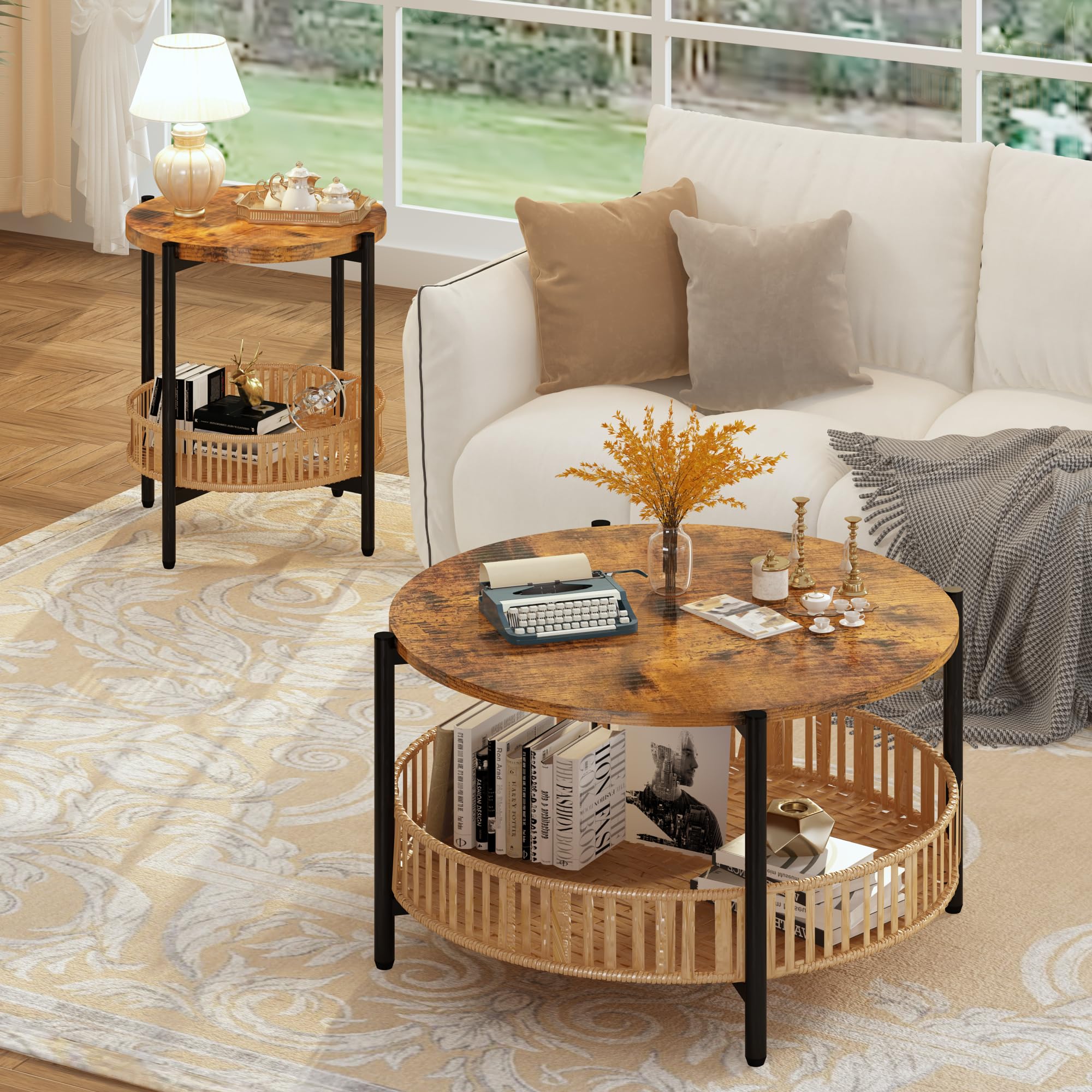 AWQM 3 Pieces Coffee Table Set for Living Room, 2 Tier Round Rattan Coffee End Side Table, Boho Living Room Table Set with Metal Frame for Bedroom Office