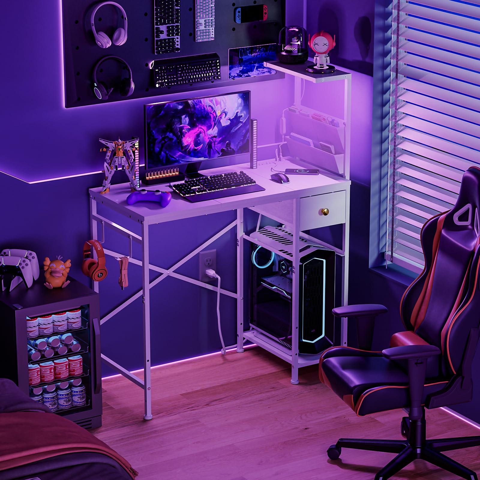 L-Shaped Gaming & Office Desk with LED Lights & Power Strip
