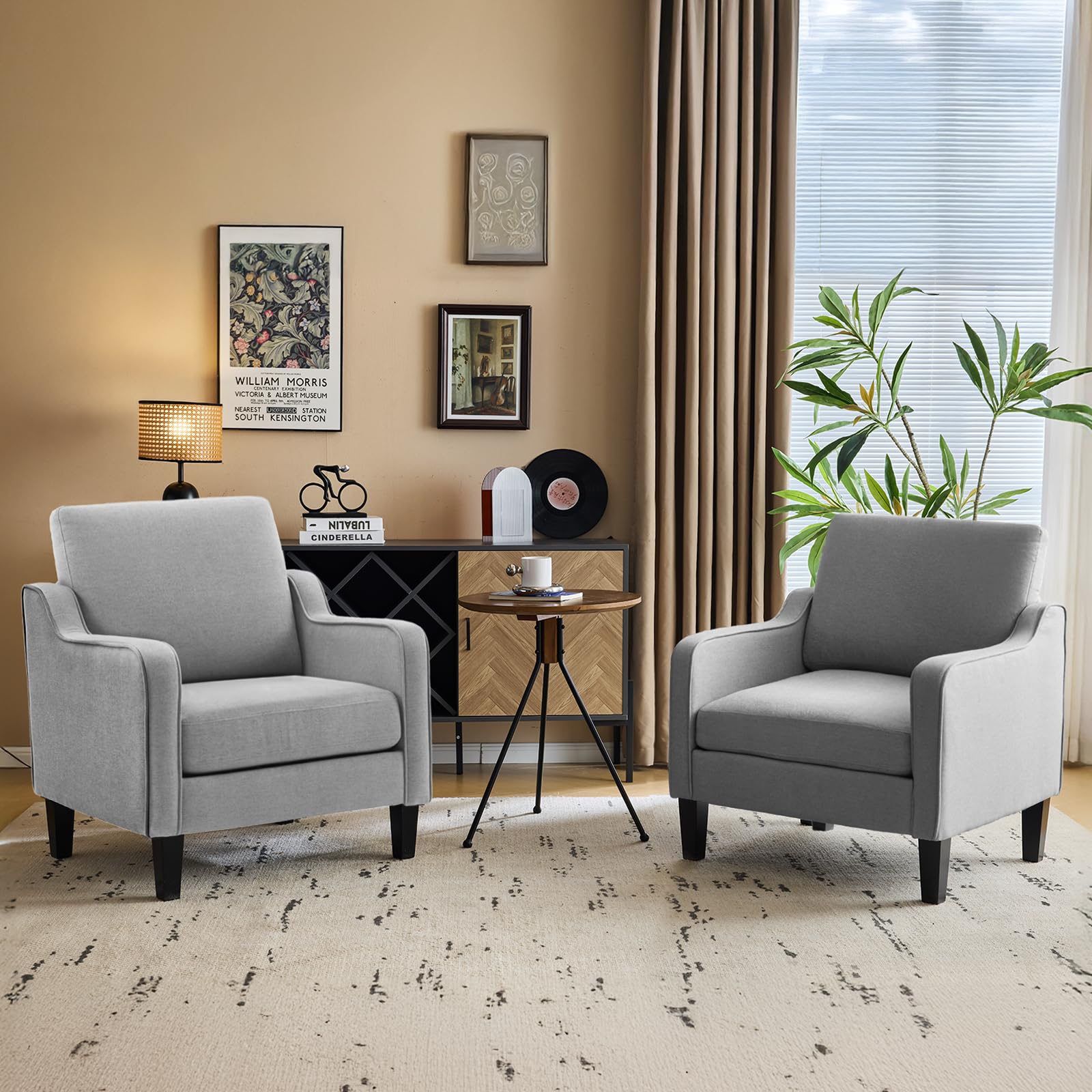 VINGLI Mid Century Modern Accent Chair, Light Grey Fabric Accent Chairs for Living Room Upholstered Armchair with Scooped Arms for Bedroom, Apartment, Studio, Office, Waiting Room
