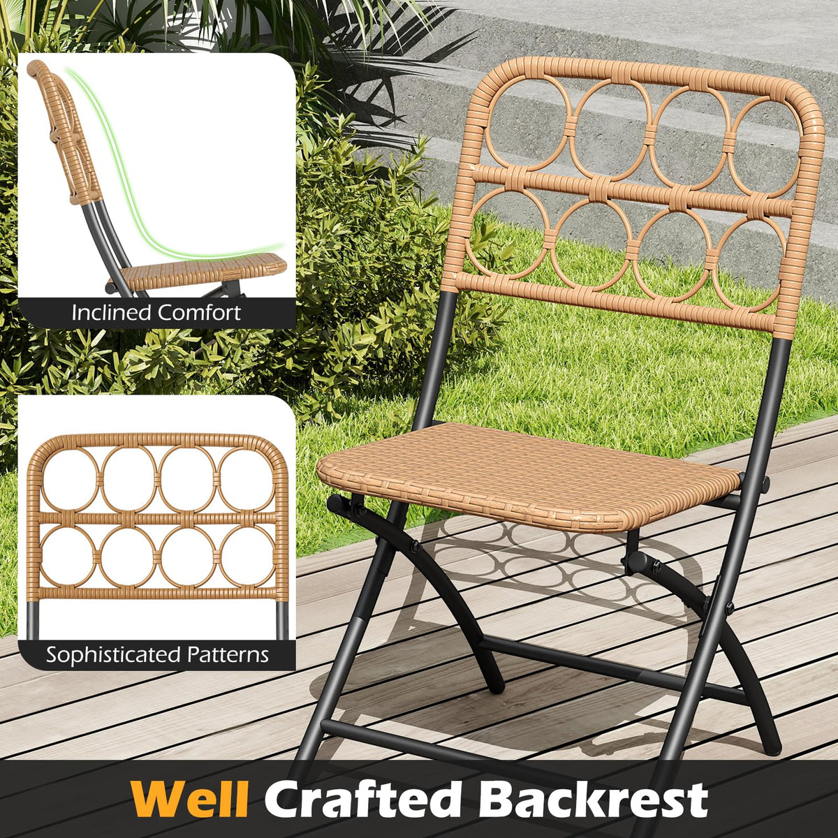 Tangkula 3 Piece Outdoor Folding Bistro Set, PE Rattan Portable Patio Round Dining Table and 2 Chairs with Sturdy Metal Frame for Porch, Garden, Backyard, Balcony