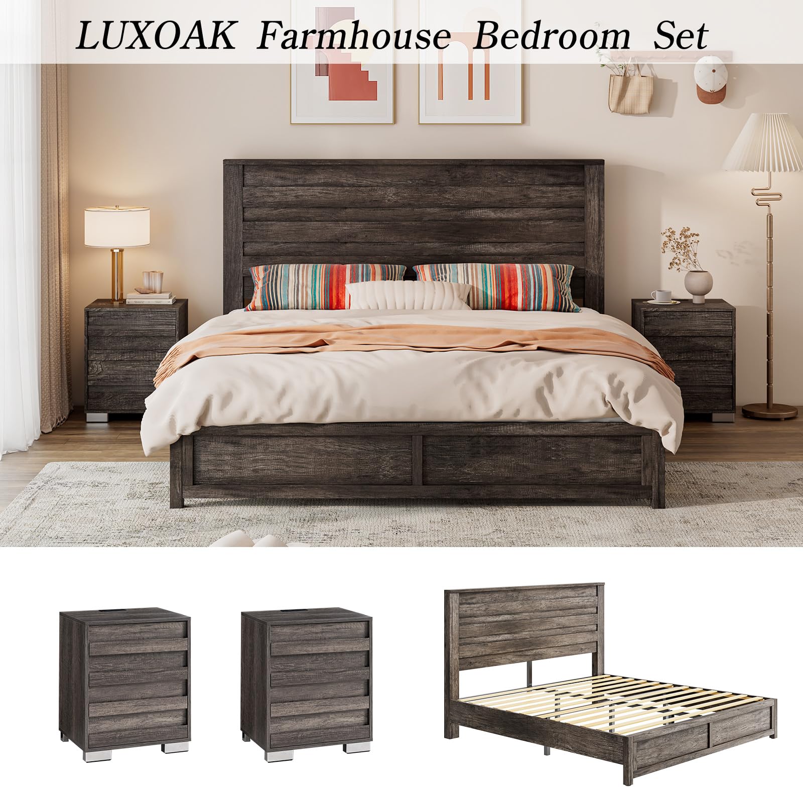 LUXOAK 3 Pcs Bedroom Furniture Sets,Includes Farmhouse Full Size Bed Frame with 49" Tall Headboard and Nightstand Sets of 2 with Charging Station, Slated Handles & Stainless Steel Feet, Rustic Grey