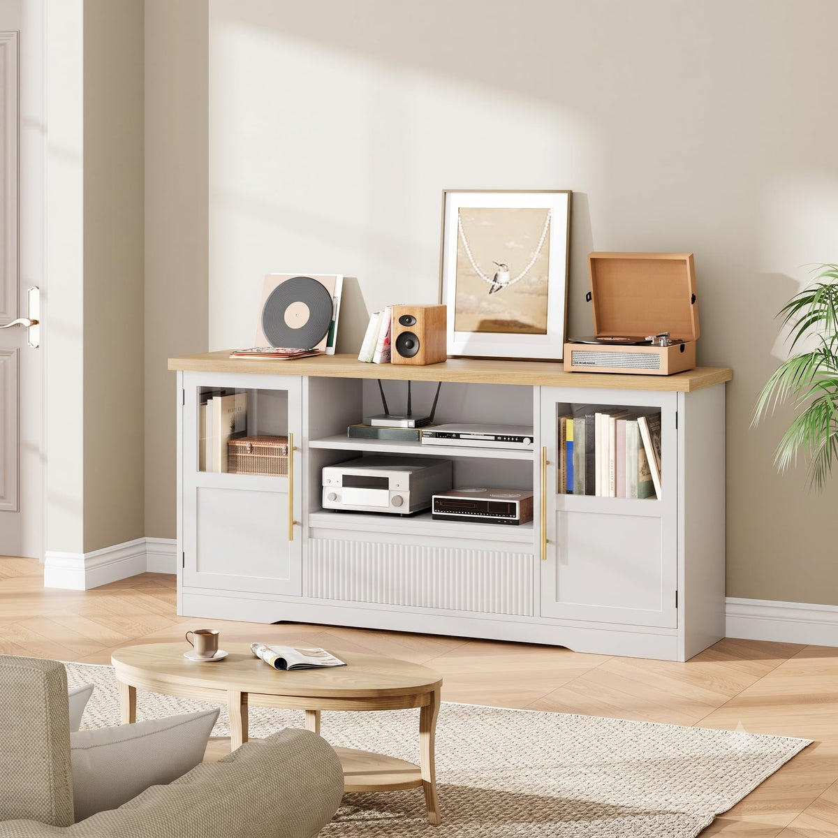 Garvee 63 in Farmhouse TV Stand for TVs Up to 72 in, Wave Pattern Entertainment Center with 2 Glass Door Cabinets & 2 Open Shelves, Sturdy Wood Media Console for Living Room, White & Natural