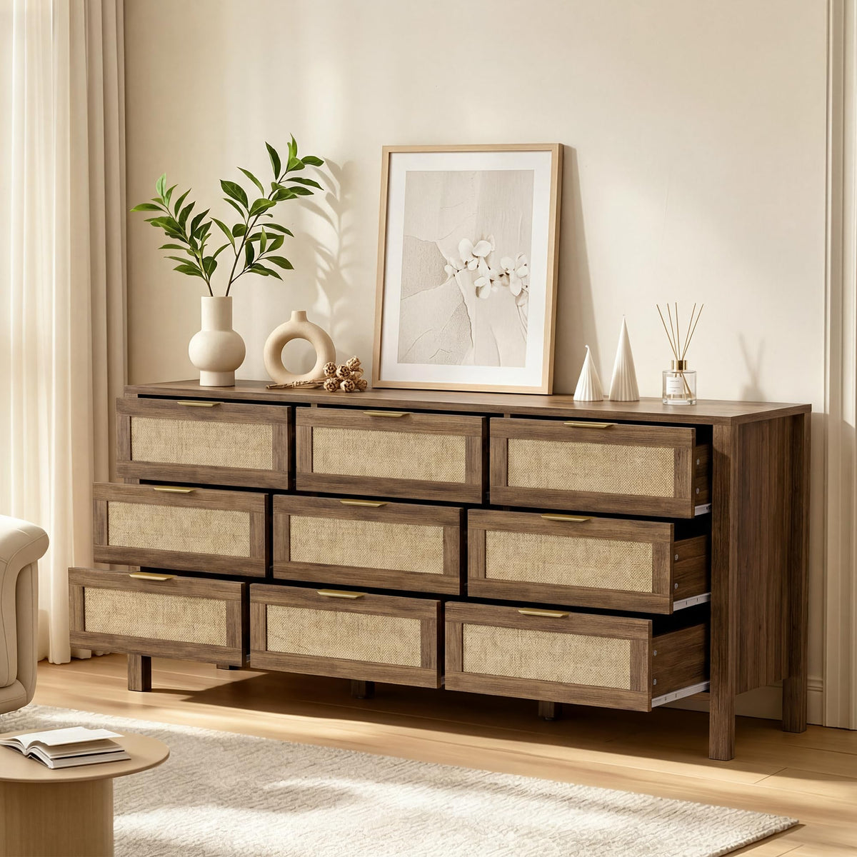 YOCONYO 9 Drawer Double Dresser,Wood Dresser,Modern Wooden Storage Cabinet,Chest of Drawers for Bedroom, Living Room, Entryway (Brown-9 Drawer)