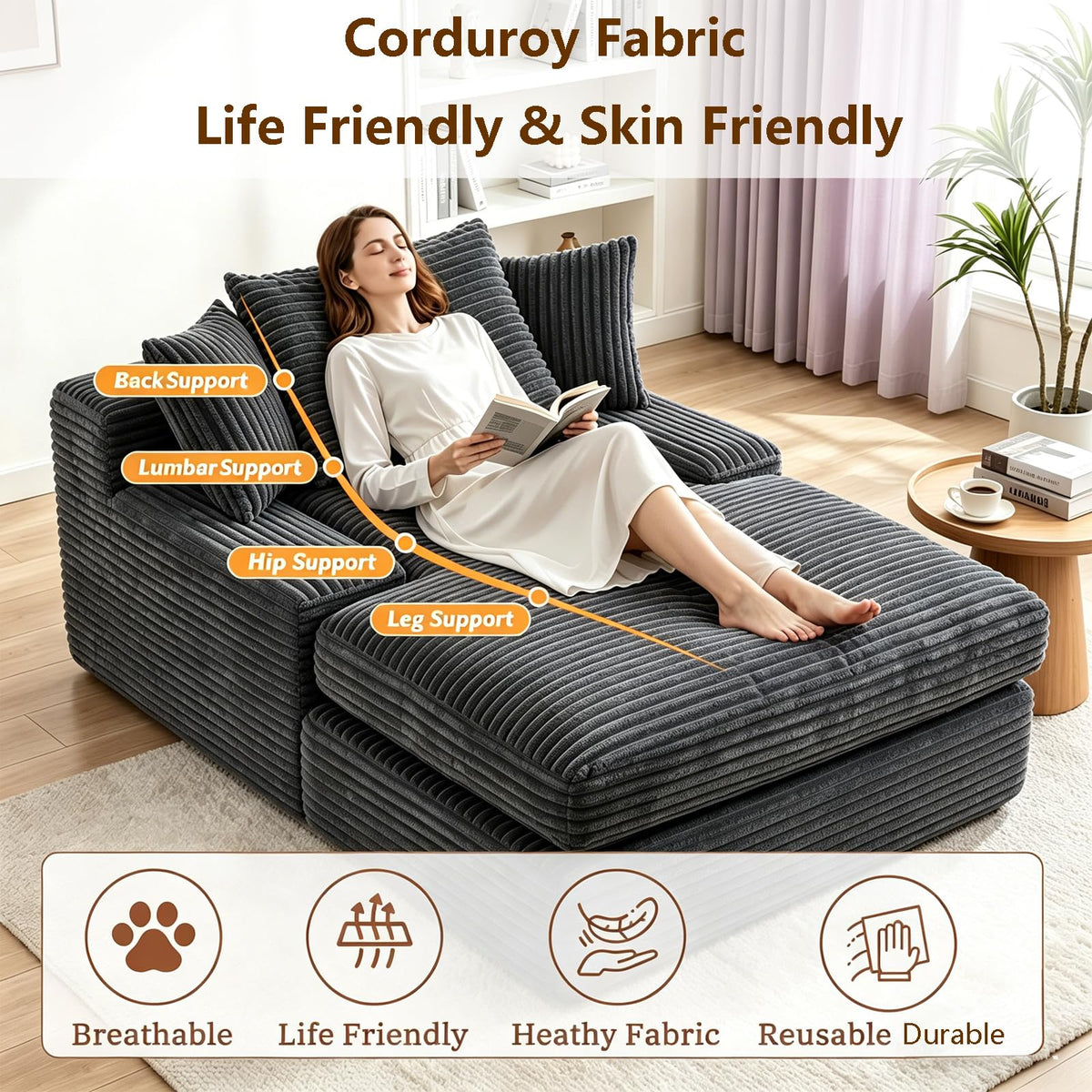 Vipbear Chaise Lounge Chair,69" Oversized Boneless Couch with 3 Pillows