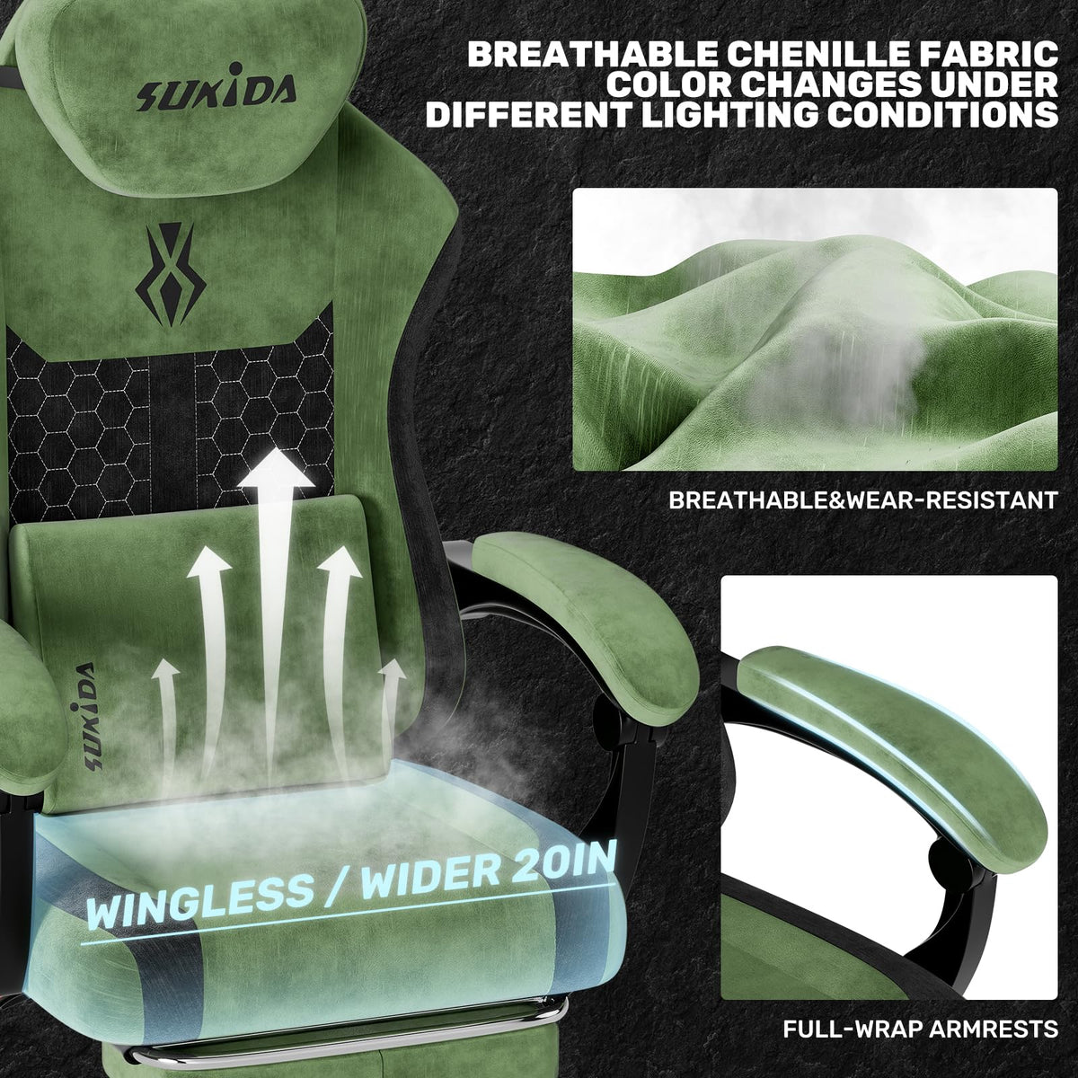 Green Fabric Gaming Chair with Footrest