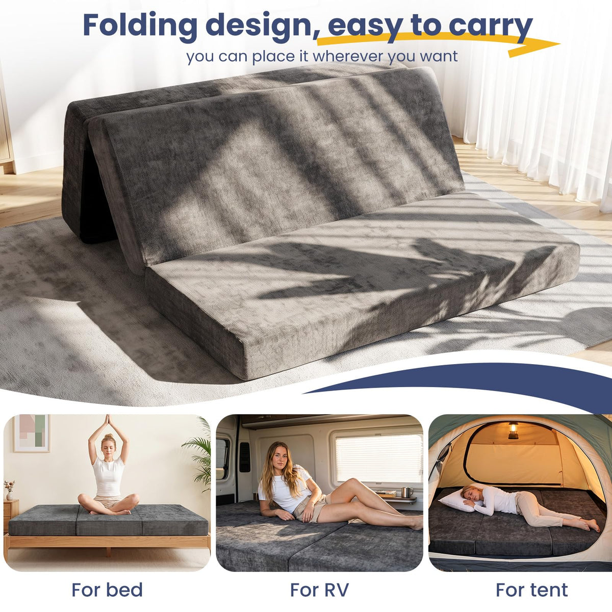 JUIKURY Cool & Breathable Chenille 6 Inch Memory Foam Foldable Futon Sofa Bed with Handles & Non-Slip Bottom, Covertible Sofa Bed for Guest, Camping, Dorm