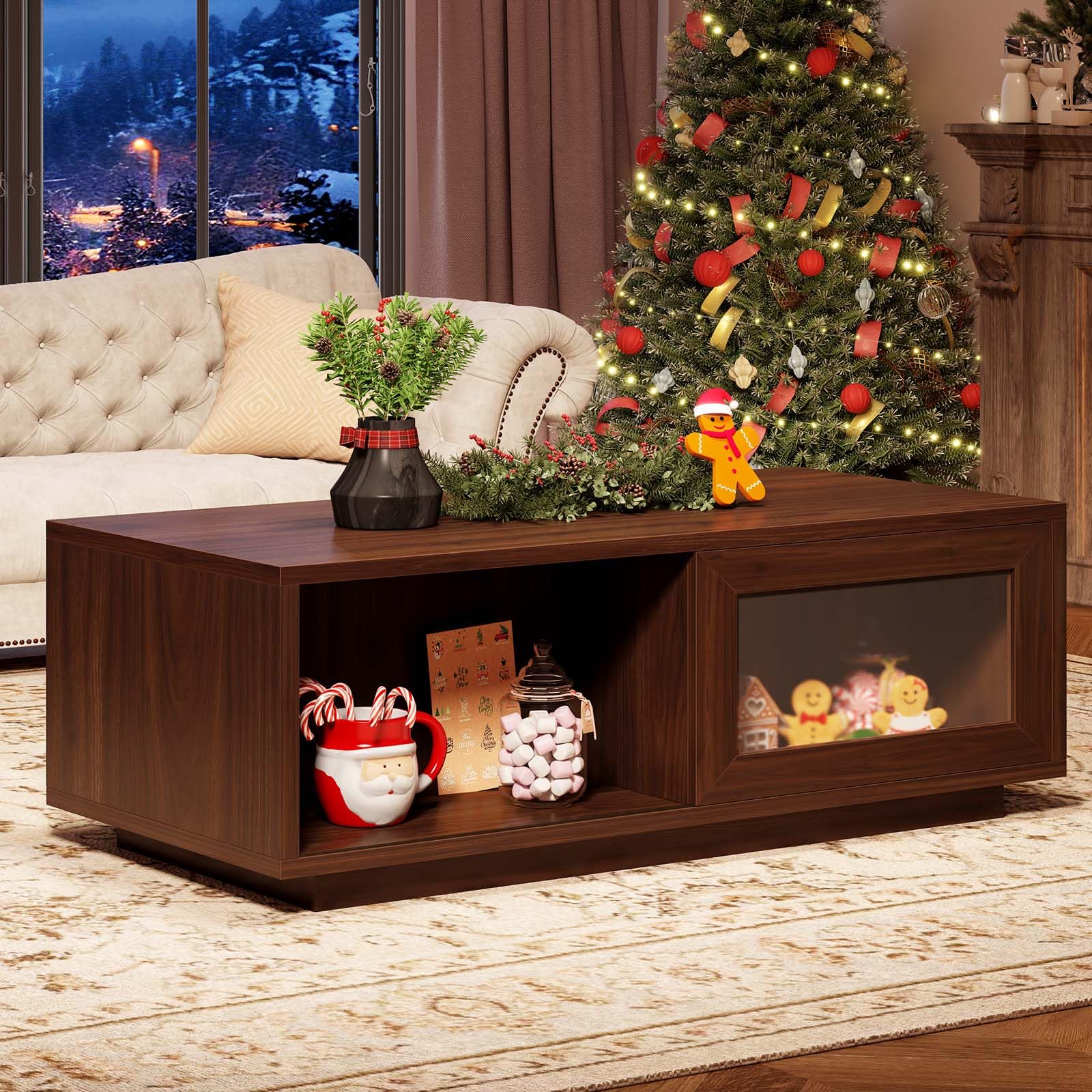 HSH Walnut Coffee Table for Living Room, 47 Inch Modern Wood Rectangle Coffee Tables with Sliding Door and Storage Open Shelf, Large Low Center Table for Home Decor