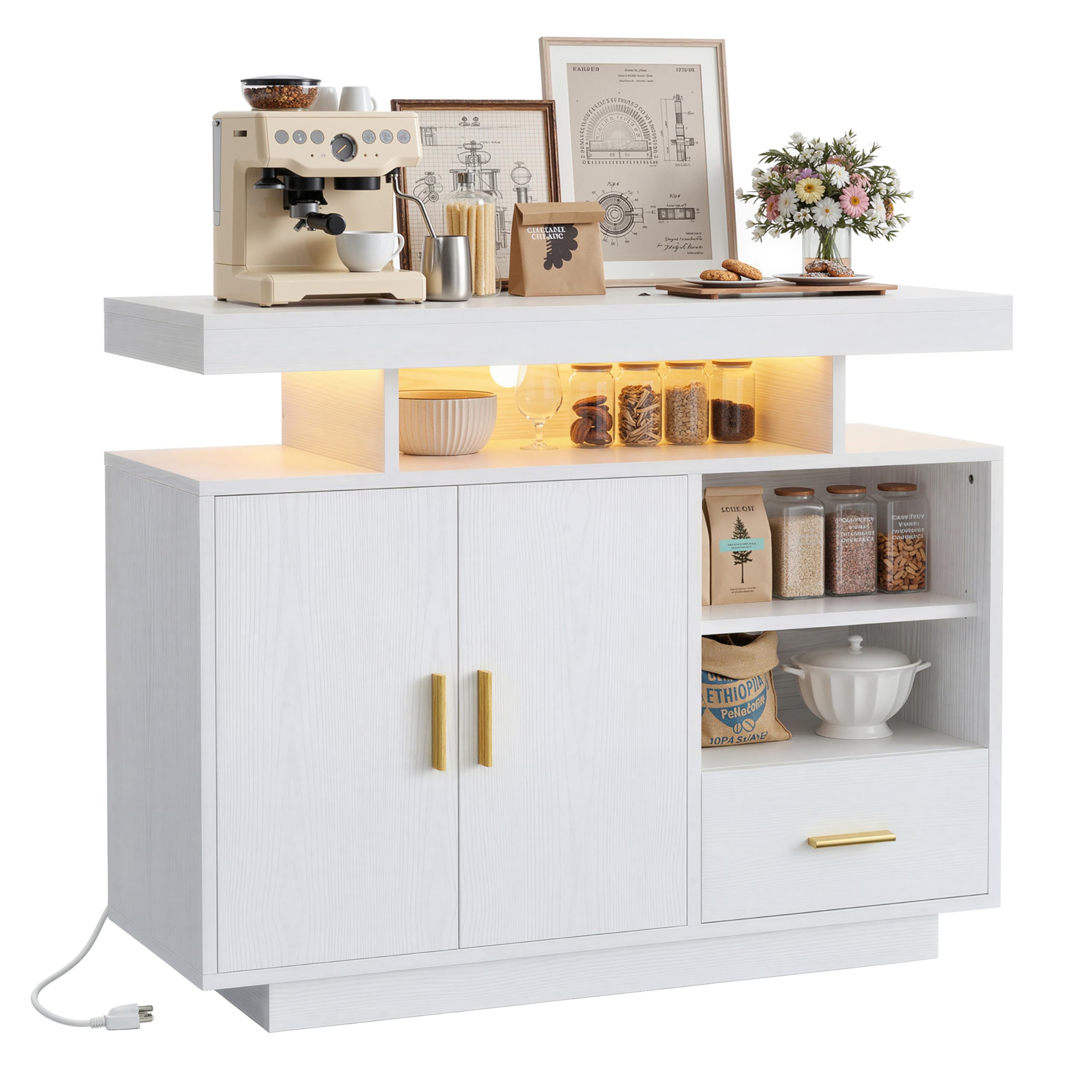 IRONCK Buffet Cabinet, Sideboard Cabinet with Power Outlet and LED Light, Modern Storage Cabinet with Drawer and Shelves, White