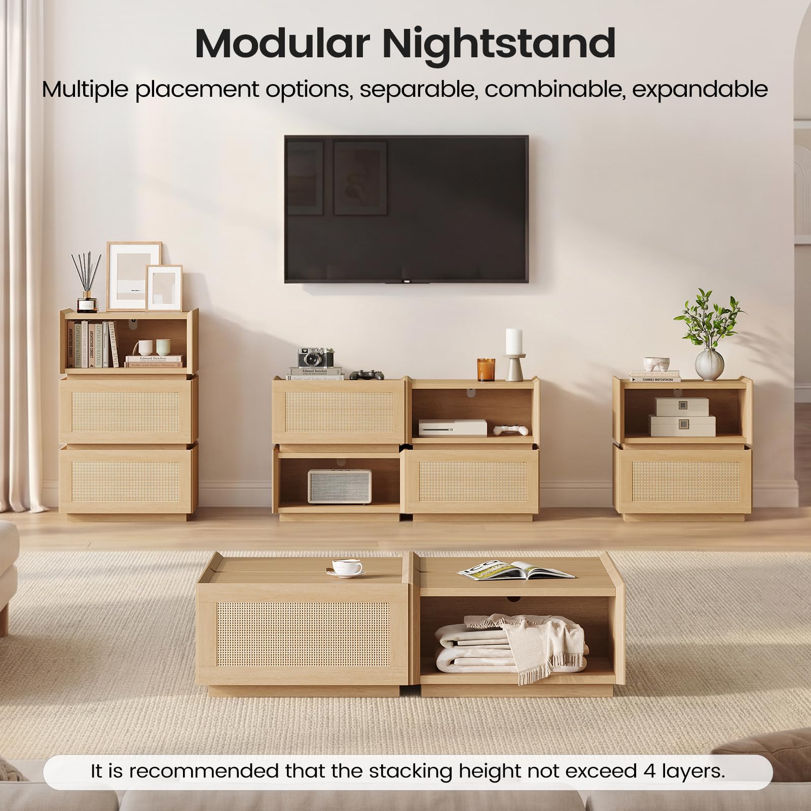 Sikaic Rattan Nightstand Set of 2, Modular Stackable Side Table with Drawer, Bedside End Table with Open Shelf for Bedroom, Small Spaces Natural