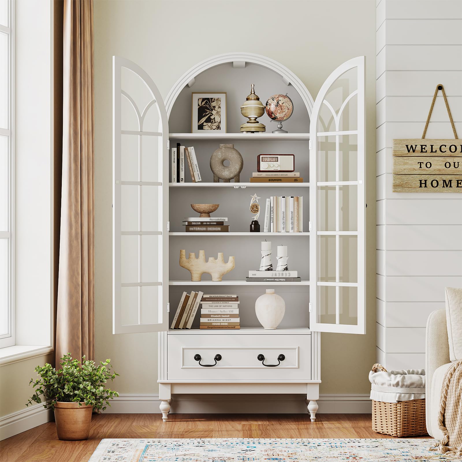 Arched Kitchen Pantry Cabinet with Glass Doors
