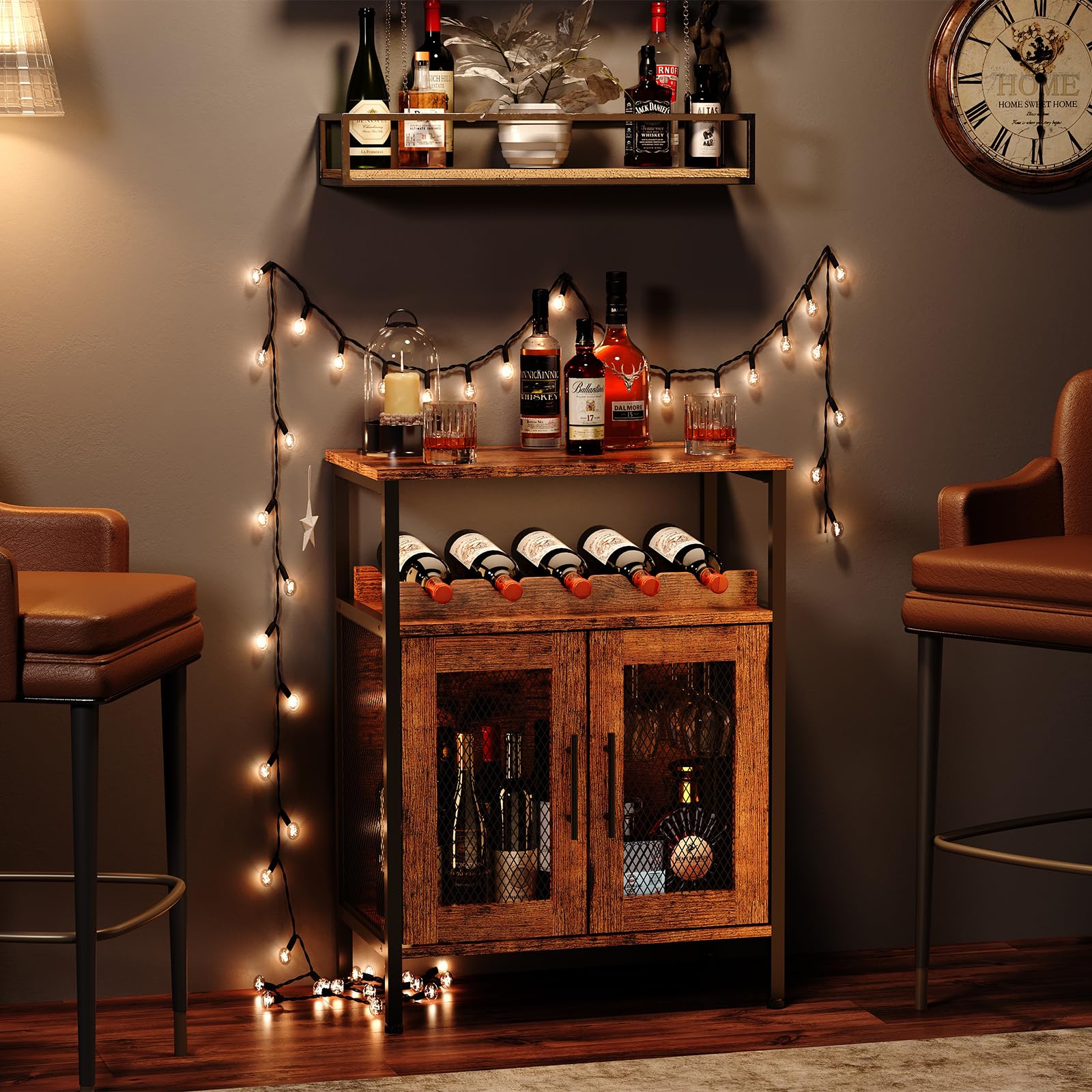 Wine Bar Cabinet with Detachable Wine Rack, Glass Holder & Mesh Door