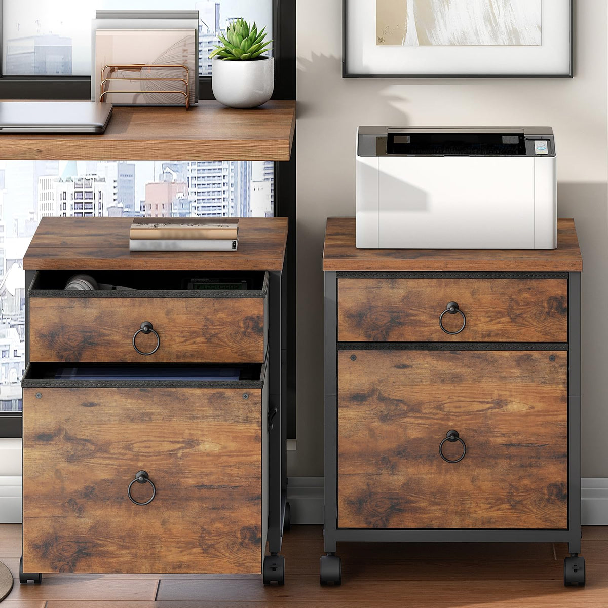 HOOBRO File Cabinet, 2-Drawer Vertical Mobile Office Cabinet, Rolling Printer Stand, for A4/Letter Size Files, Nonwovens Drawer, for Home Office, Rustic Brown BF21WJ01G1