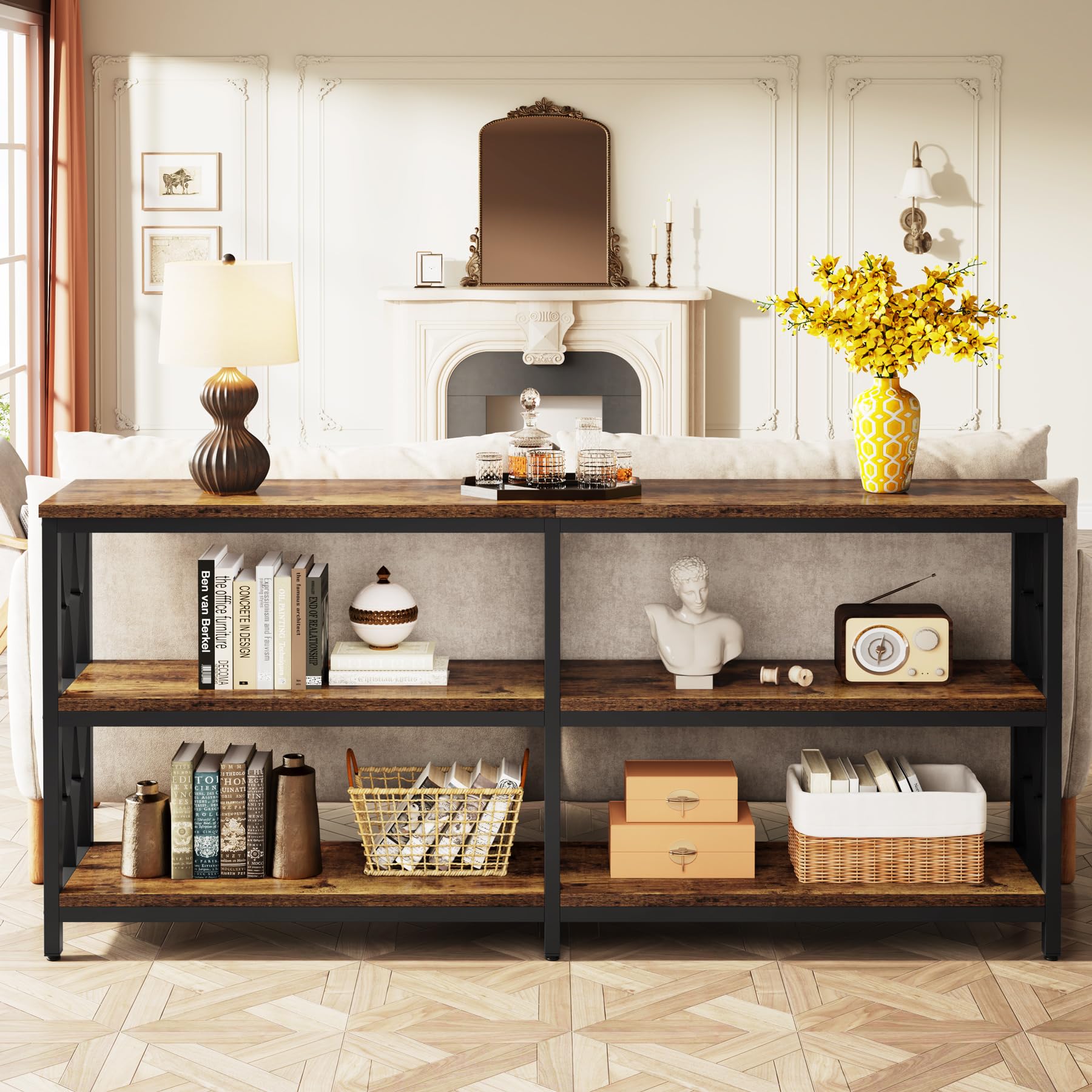 LITTLE TREE Console Table with Storage Shelves, 70.9" Industrial 3-Tier Sofa Table for Living Room, Long Foyer Table Entryway Table for Hallway, Front Door, Entrance, Rustic Brown & Black