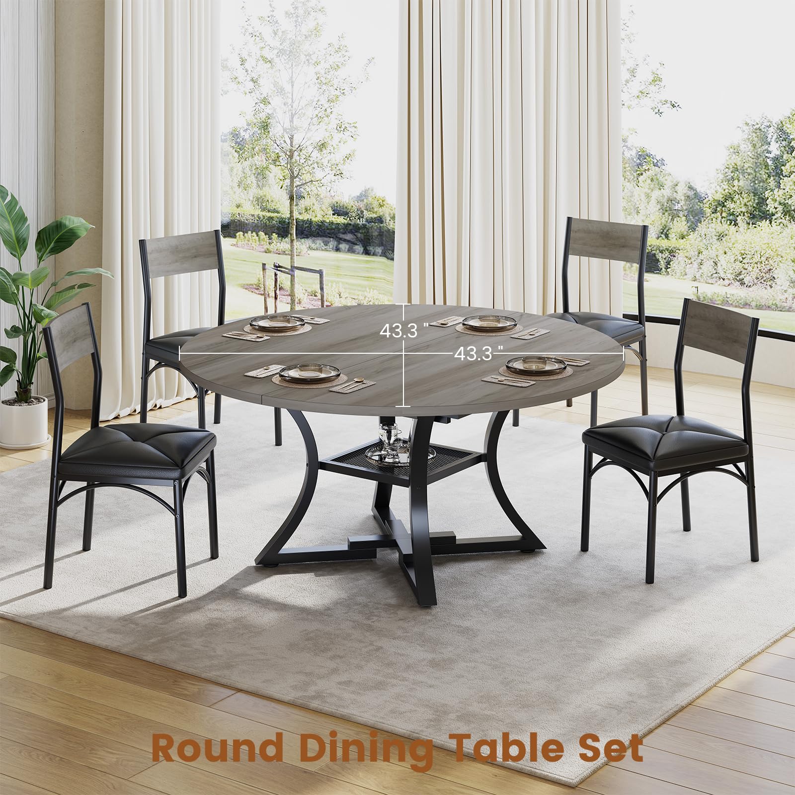 Expandable Round Dining Table Set with 4 Cushion Chairs