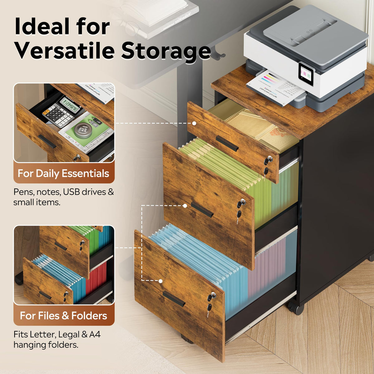 3-Drawer Locking File Cabinet with Wheels