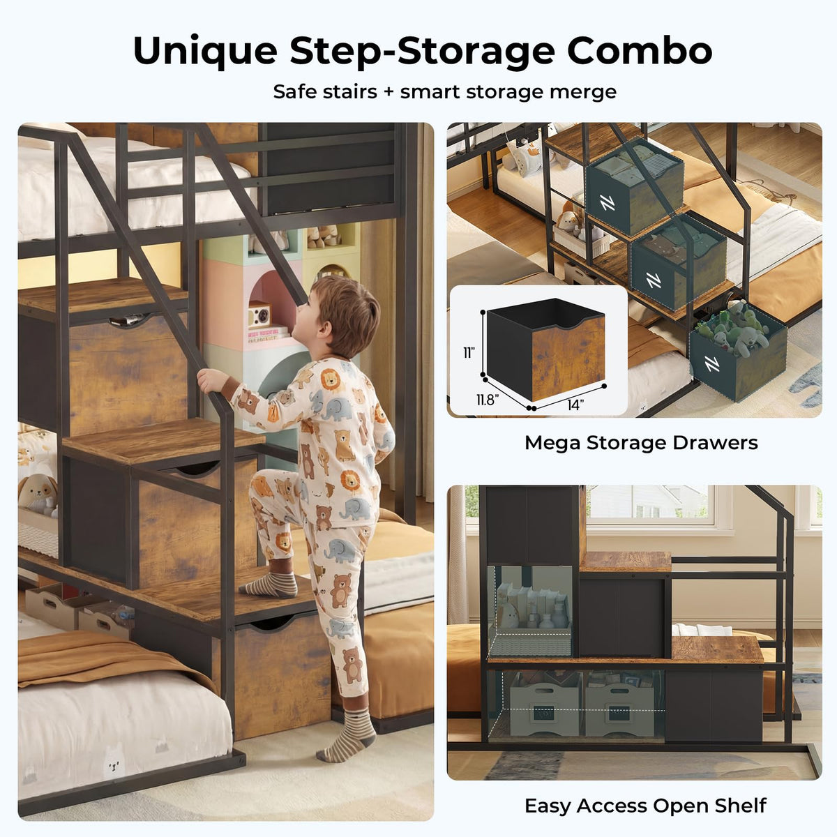 ADORNEVE Triple Bunk Bed Twin Over Twin with Storage Staircase, Black