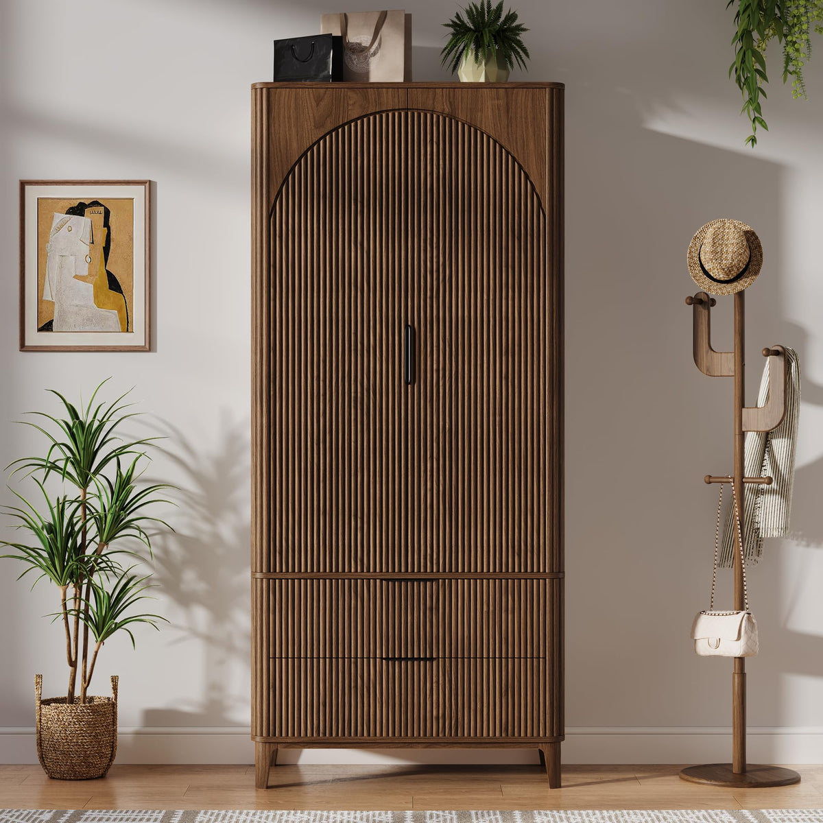 Oxirth 70.1" Arched Wooden Armoire Wardrobe Closet with 2 Doors and 2 Drawers, Fluted Bedroom Armoire with Hanging Rod Shelf, Clothing Storage Cabinet, Wardrobe Armoire Closet Cabinet (Walnut, 31.4")