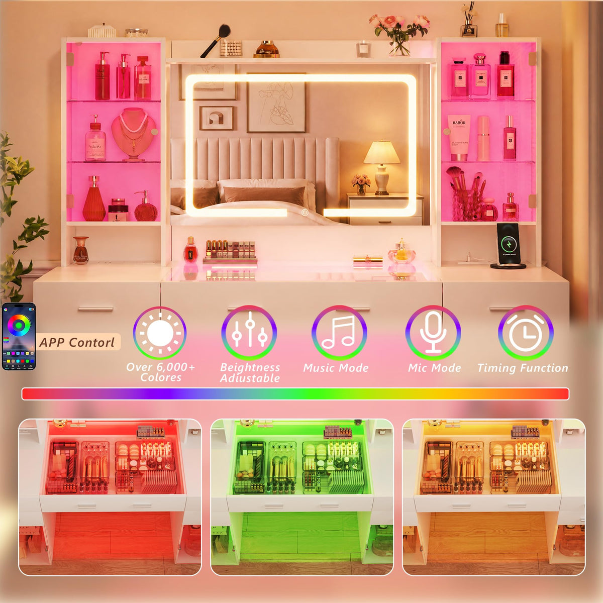 LED Mirror Vanity Desk with Storage