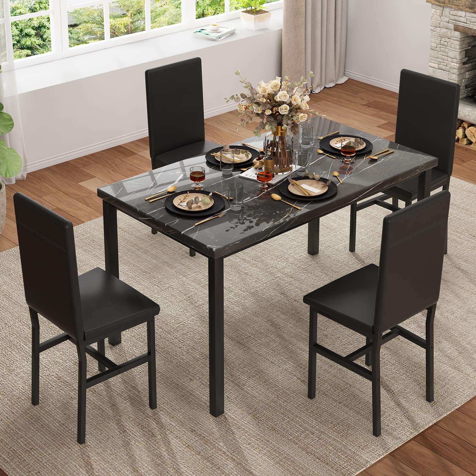 5-Piece Faux Marble Dining Table Set with PU Leather Chairs