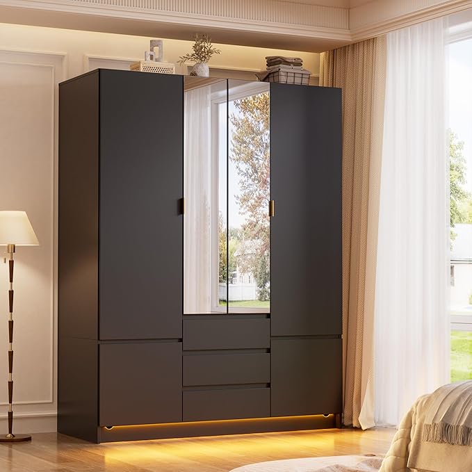4-Door Wardrobe with LED Light & Mirror
