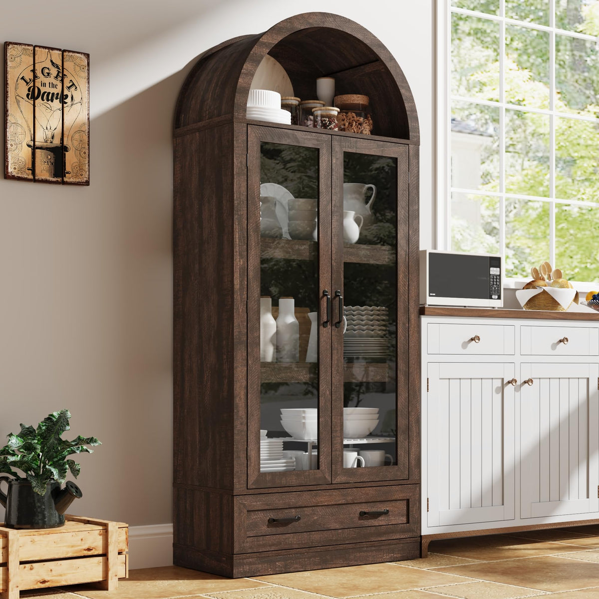 Arched Glass Door Pantry Cabinet