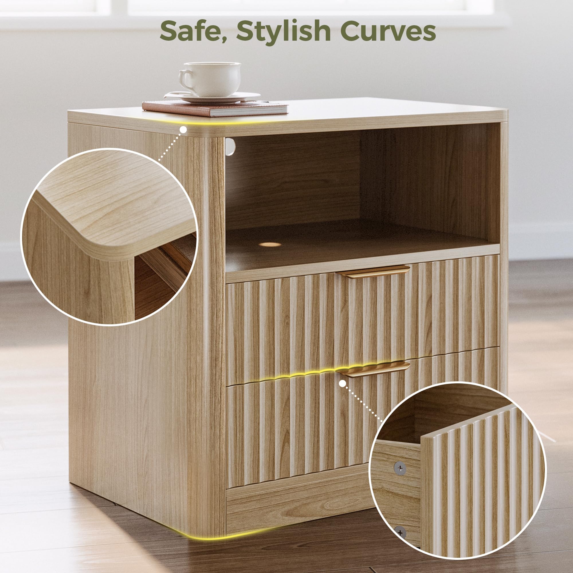 Fluted Nightstand Set of 2 with Charging Station