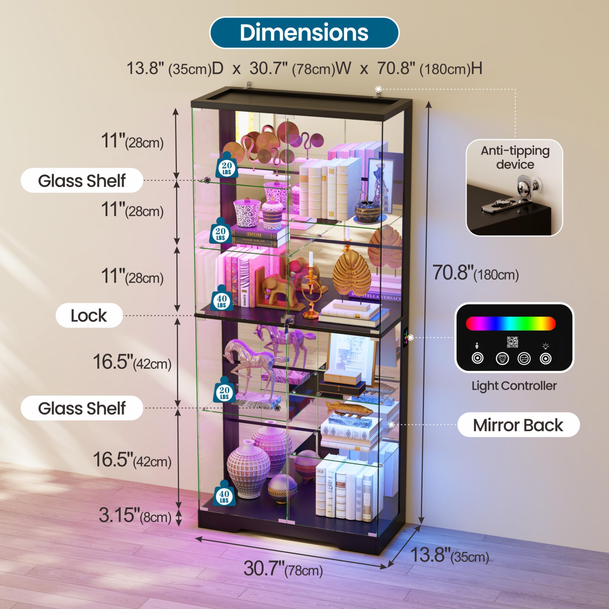 Glass Display Cabinet with RGB Lighting, 10 Compartments