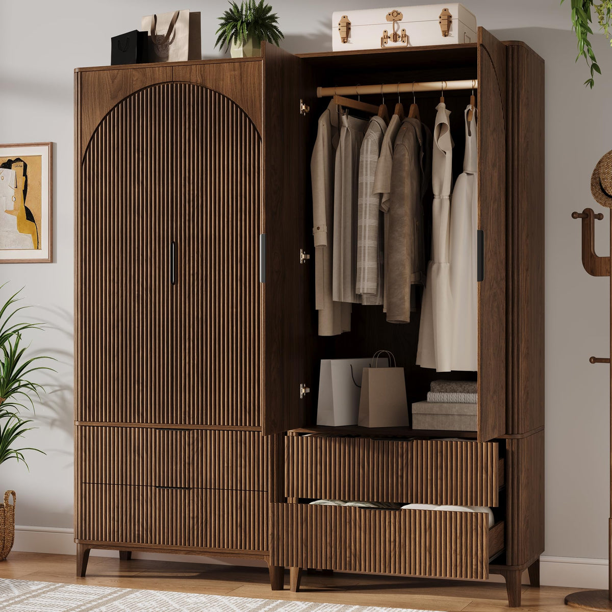 Oxirth 70.1" Arched Wooden Armoire Wardrobe Closet with 2 Doors and 2 Drawers, Fluted Bedroom Armoire with Hanging Rod Shelf, Clothing Storage Cabinet, Wardrobe Armoire Closet Cabinet (Walnut, 31.4")