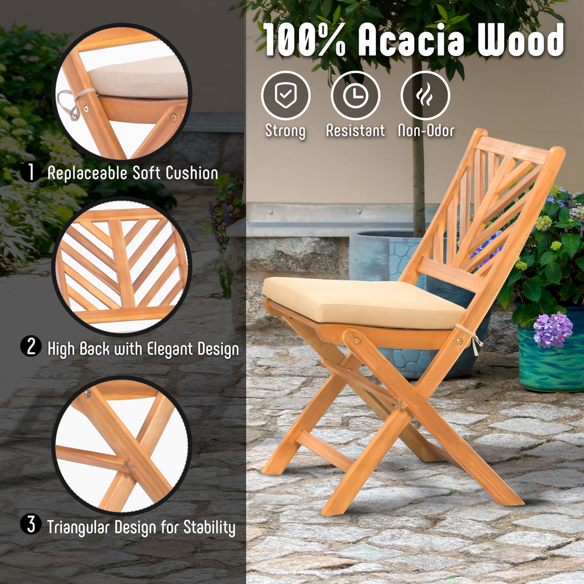Werph 3-Piece Acacia Wood Patio Set, Foldable Bistro Table and Chairs Set