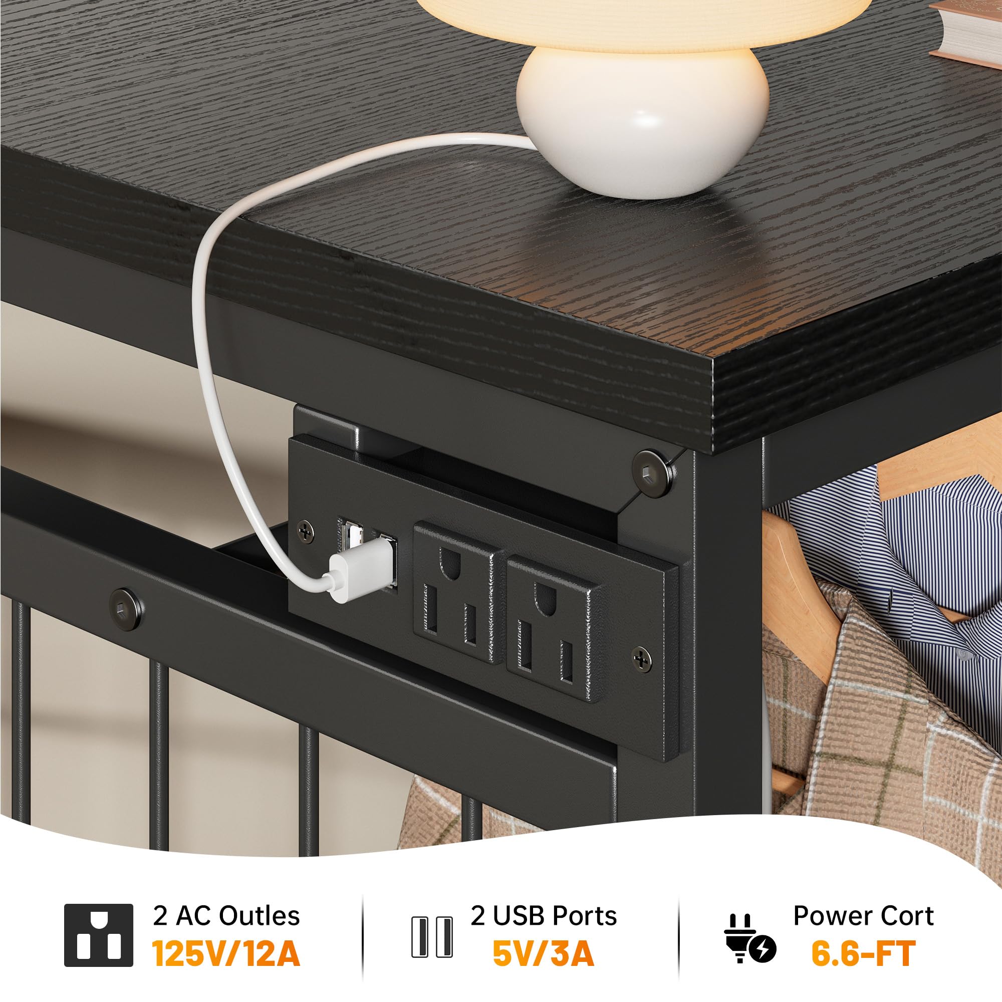 EnHomee 49.2" W Dresser for Bedroom with Hanging Rack 6 Drawers Dresser with LED Lights & Charging Station, Fabric Dressers & Chest of Drawers with 4 Hooks, Wooden Top, Grid Panel, Black