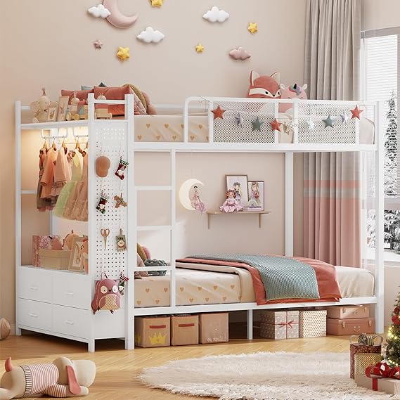 Metal Bunk Bed with Storage Drawers, LED Lights & Hall Tree