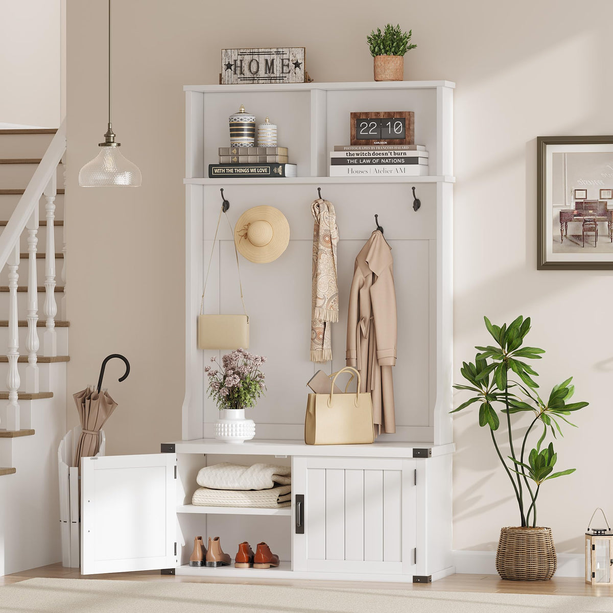 White Farmhouse Hall Tree with Shoe Storage