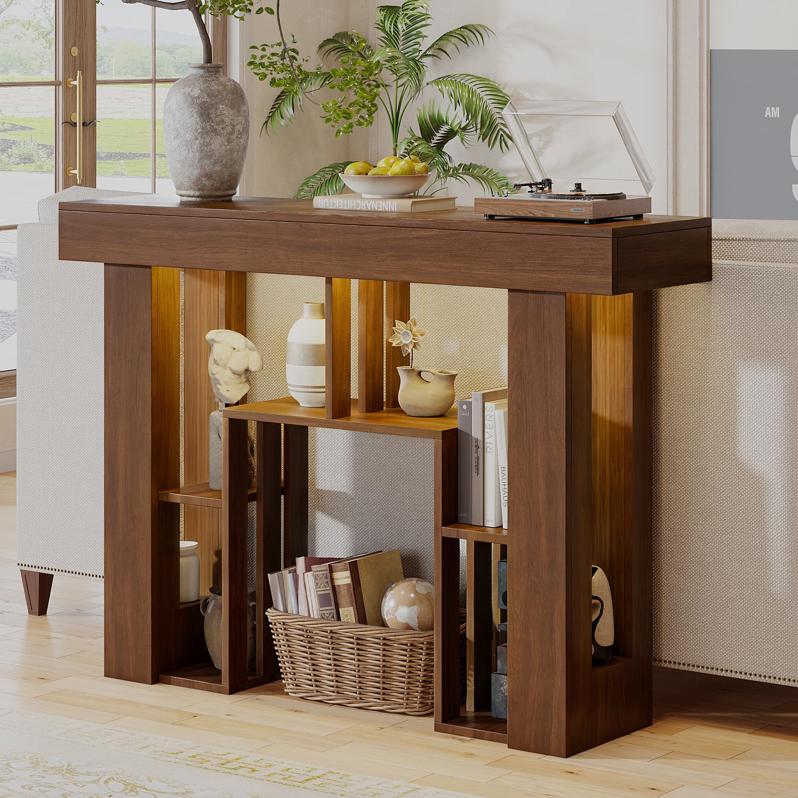 Console Table for Entryway,Narrow Console Table with Storage,Open Shelving,Sofa Table Behind Couch,Power Outlets and USB Ports,Suitable for Living Rooms,Hallways,and Entryways(Console Table-Walnut)