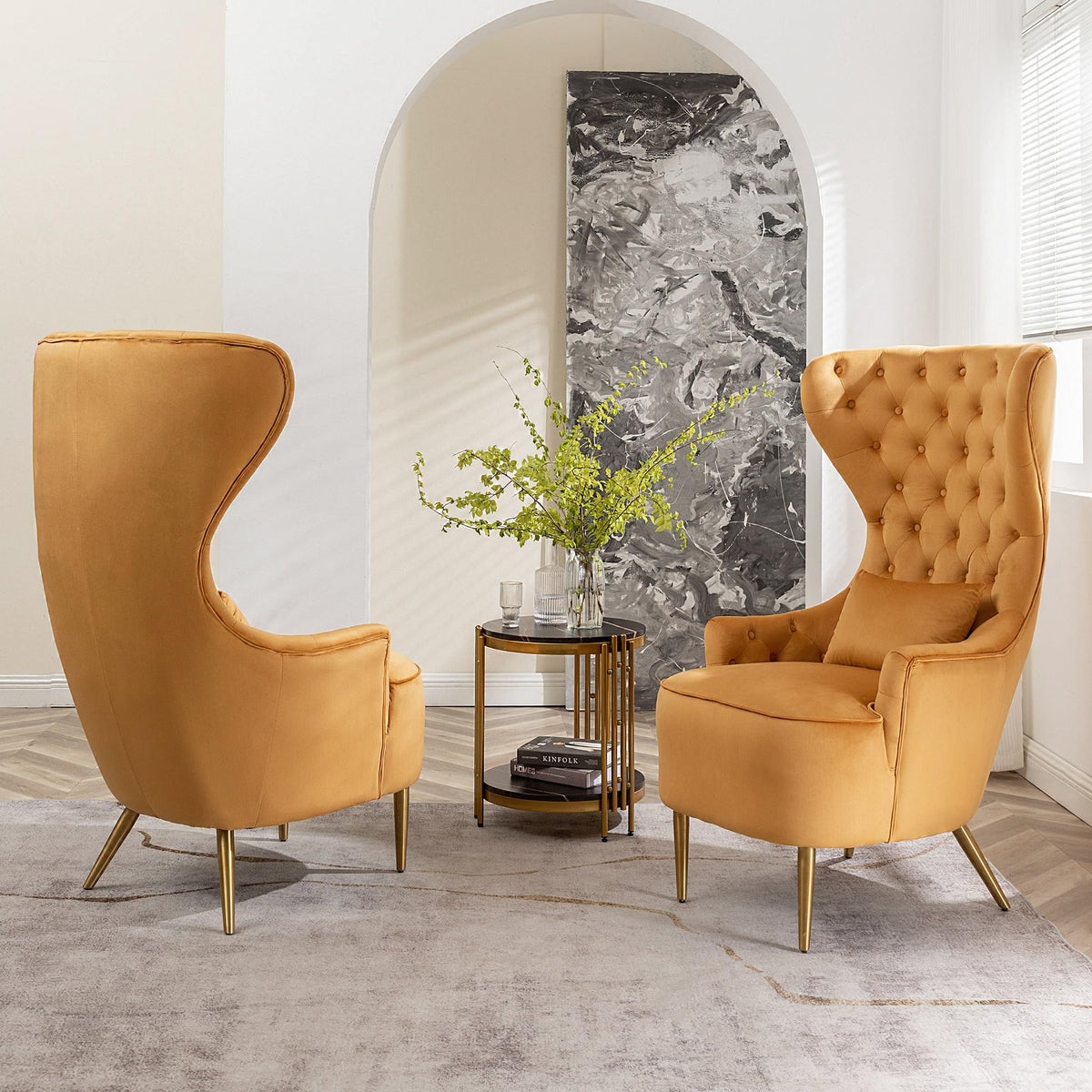 Velvet Wingback Chairs, Set of 2
