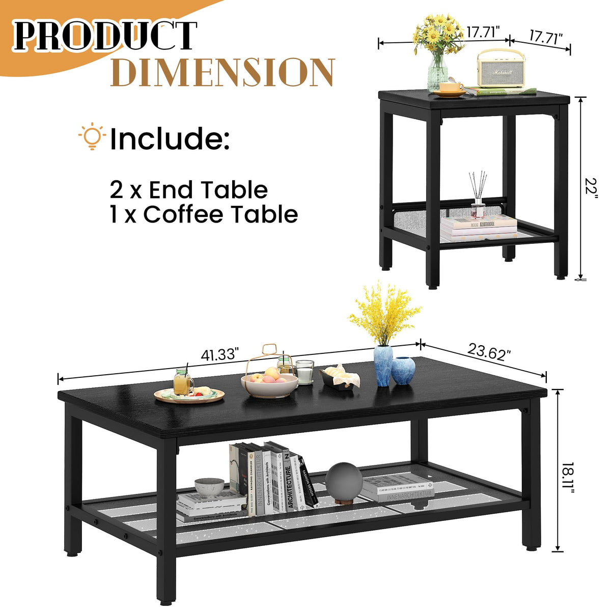 Recaceik 3-Piece Living Room Coffee Table Set, Industrial Coffee Table with 2 Square End Side Tables, Modern Living Room Table Set with Metal Frame for Apartment Home Office (Black)