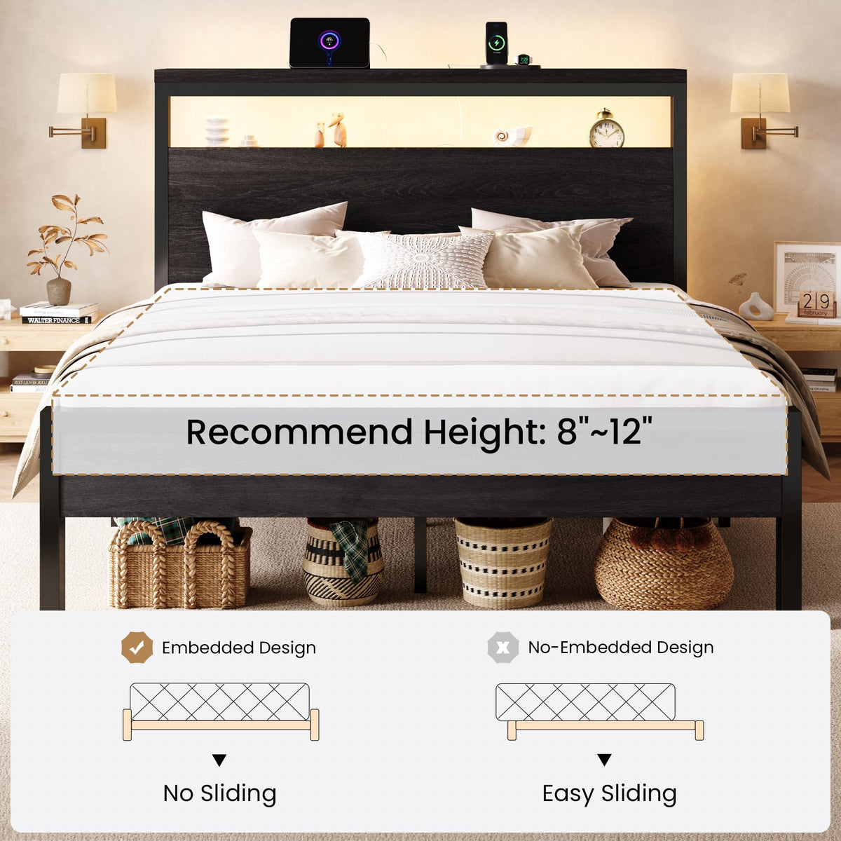 SHA CERLIN Queen Bed Frame, 2-Tier Storage Headboard, LED, Charging Station