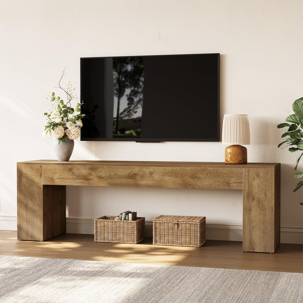LITTLE TREE 70.8" TV Stand, Wooden Entertainment Center, Low TV Console Table for TVs Up to 80", Modern Chic Entertainment Center for Living Room, Bedroom, Apartment, Rustic Brown, Easy Assembly