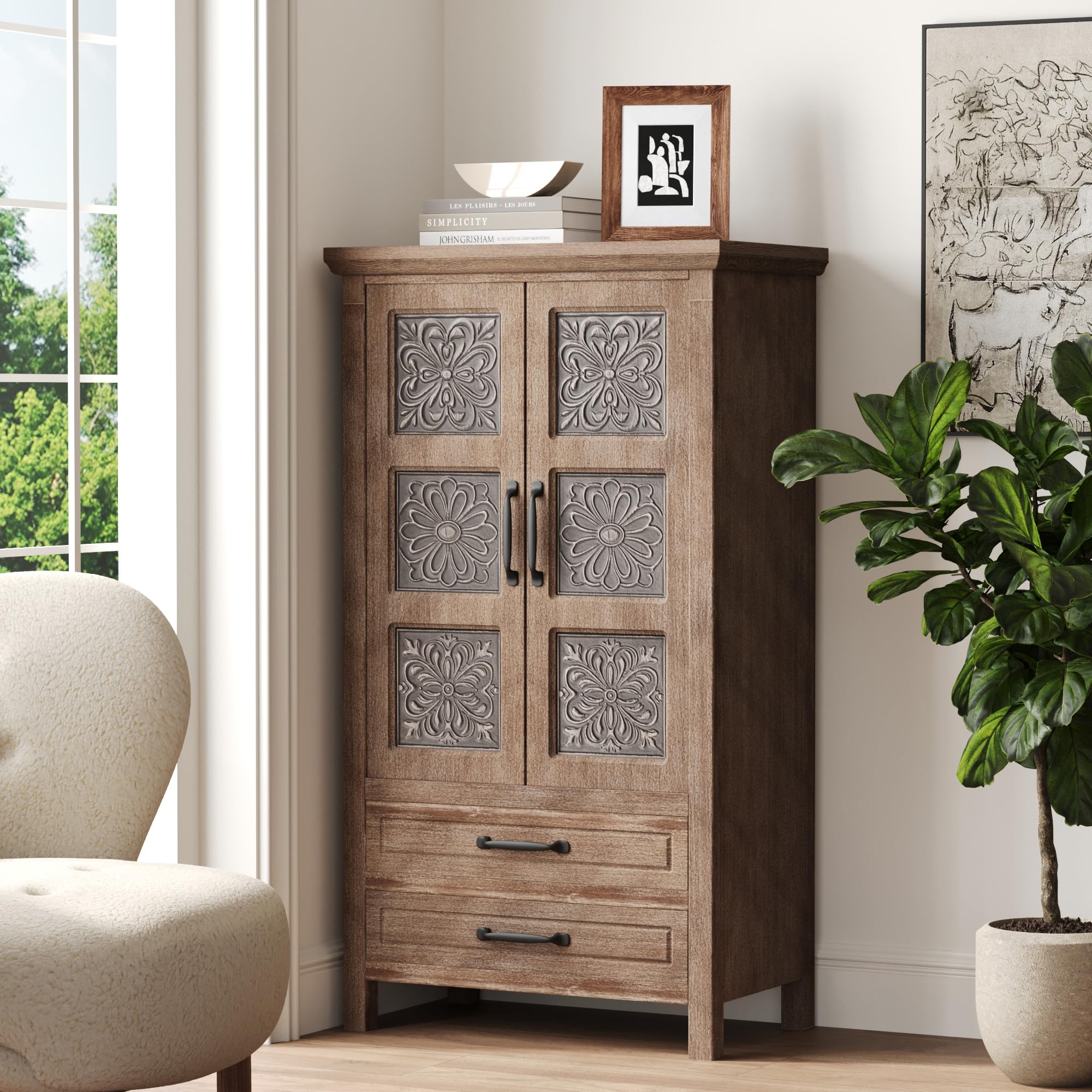COSIEST 48" Tall Farmhouse Accent Cabinet with Doors and 2 Drawers, Rustic Wood Storage Buffet, Embossed Metal Floral Carving Chest with Adjustable Shelves for Living Room, Entryway, Dining Room