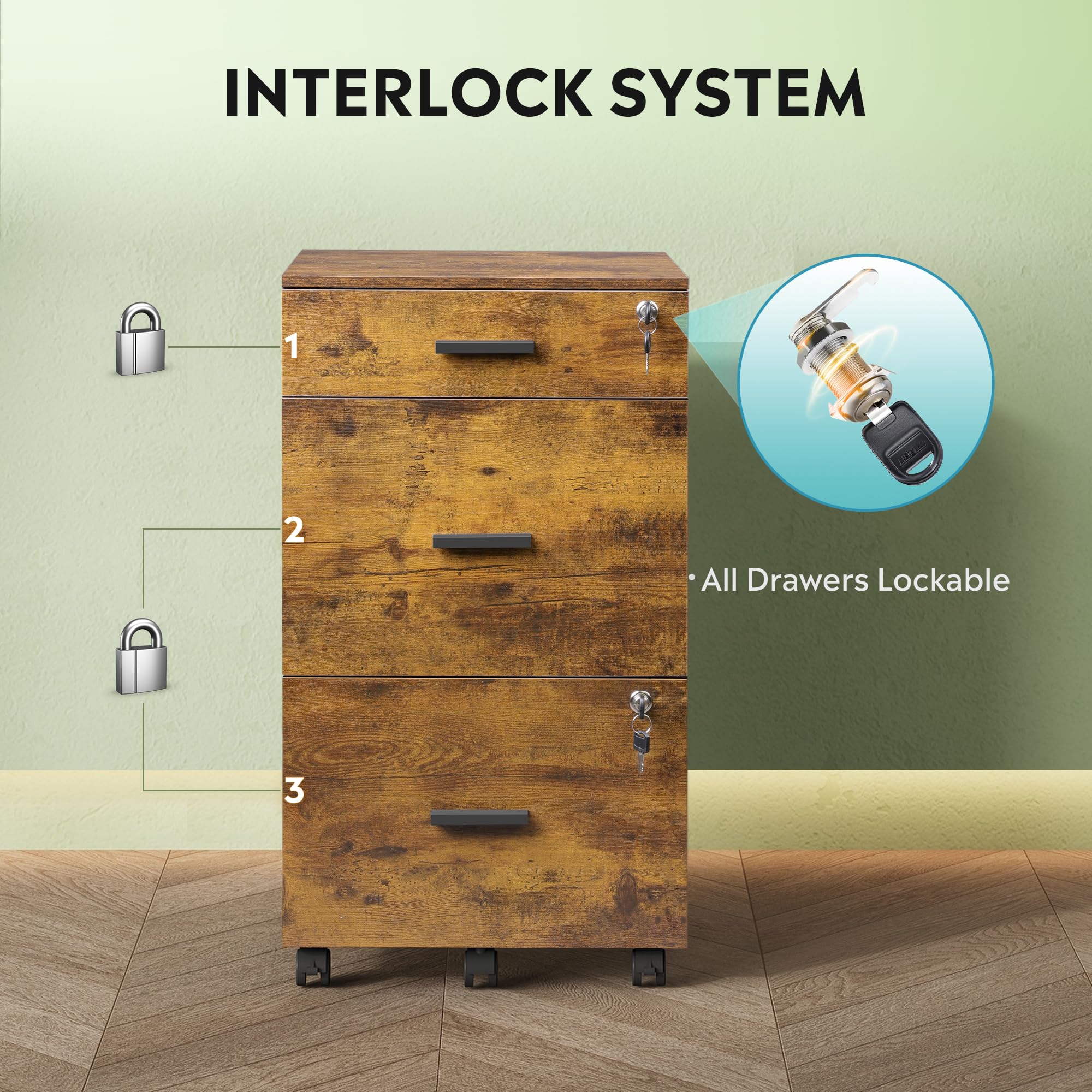 3-Drawer Rolling File Cabinet with Lock