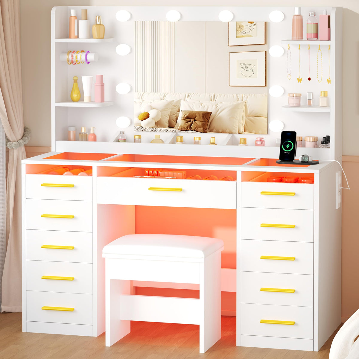 11-Drawer RGB Makeup Vanity with Mirror