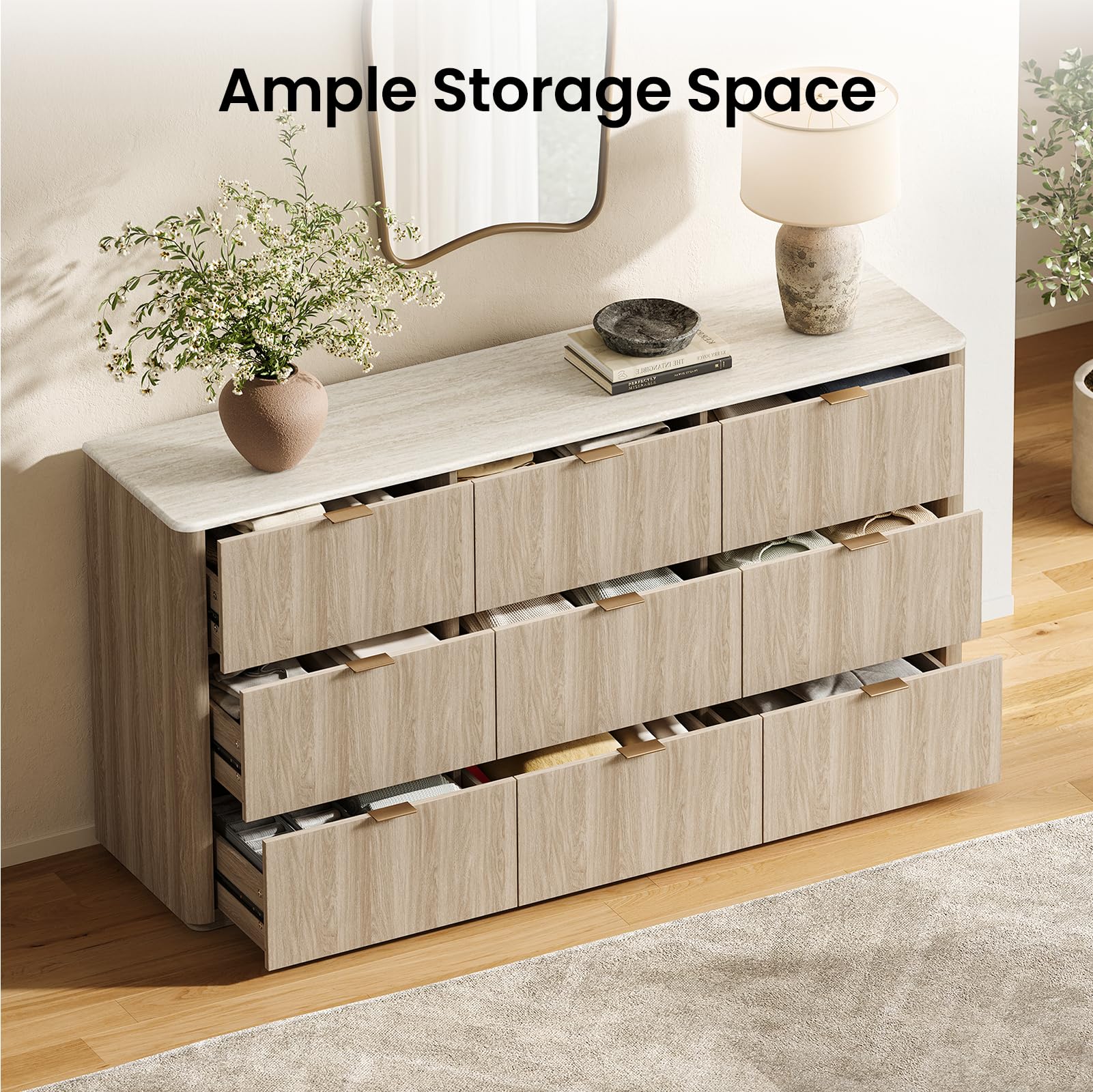 ModernMate 9 Drawer Dresser for Bedroom, 63" Wide Dresser with Faux Travertine Texture Top & Smooth Glide Drawers, Large Clothes Dressers for Bedroom Storage, Modern Tall Chest of Drawers, Grey