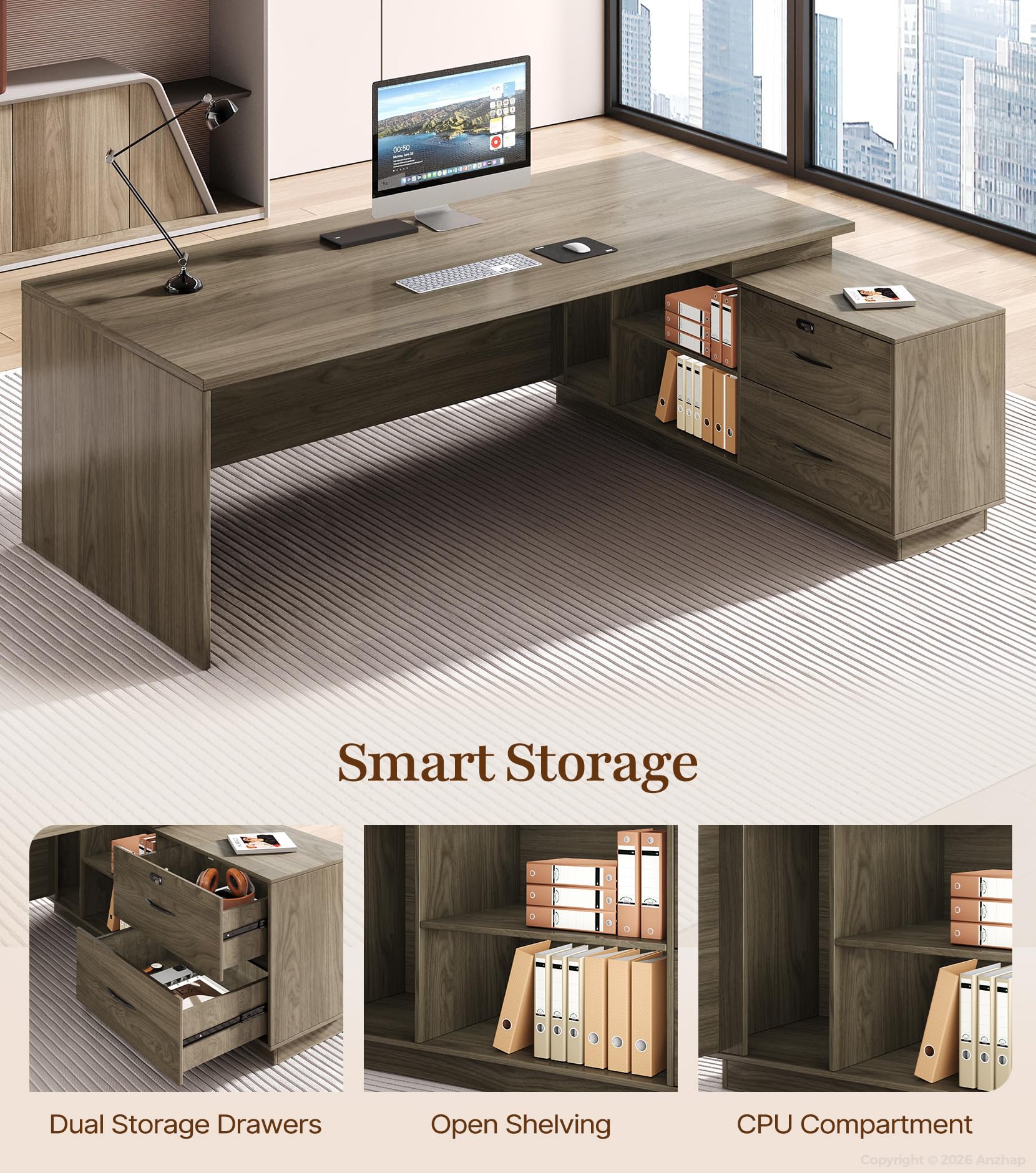 L-Shaped Executive Desk with Power Outlets & USB Ports