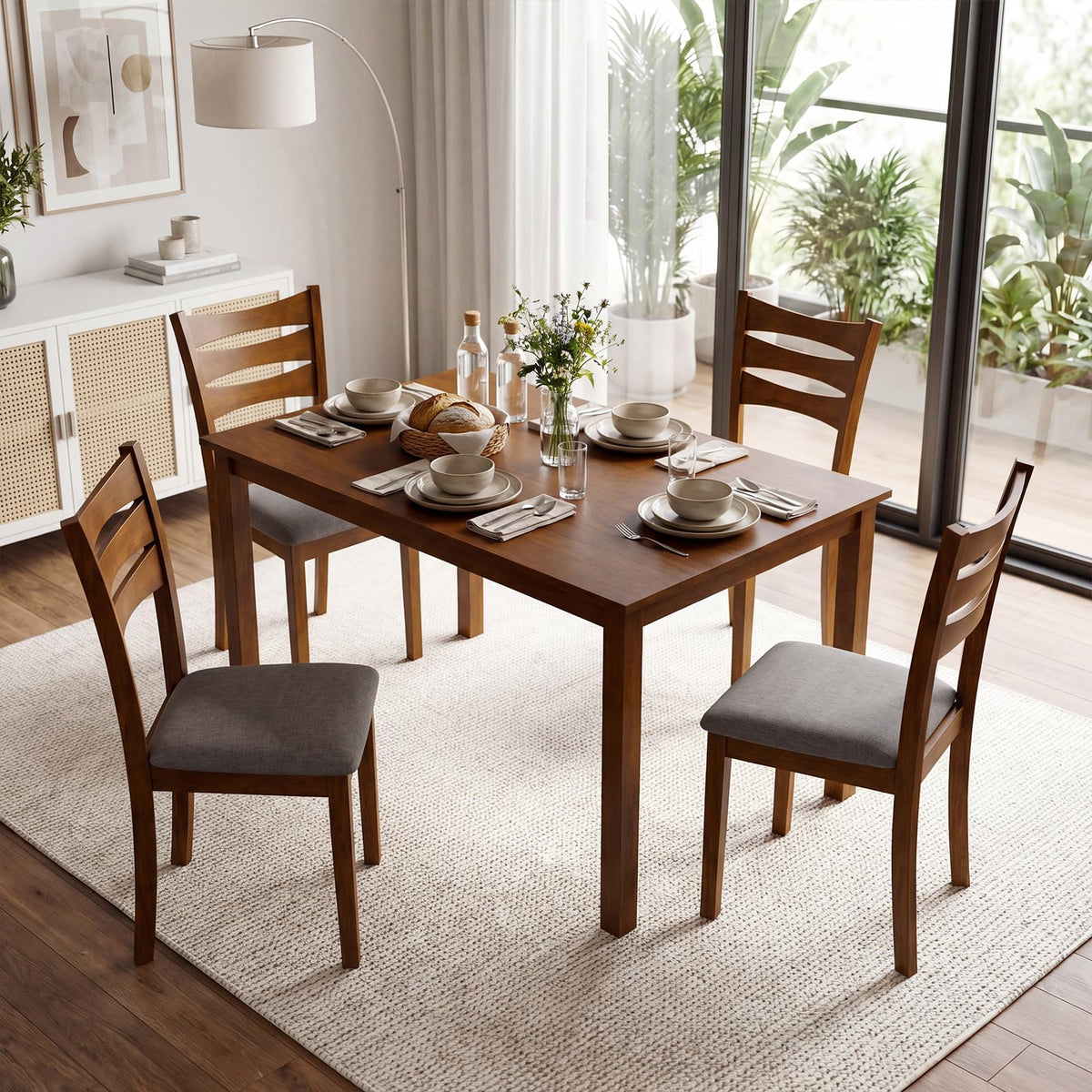 GIANTEX Dining Table Set for 4, Rectangular Kitchen Table Set w/ 4 Upholstered Chairs & Solid Rubber Wood Frame, Space-Saving Farmhouse Dinette Set for Small Space, Dining Room, Breakfast Nook