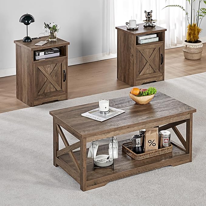 Farmhouse 3-Piece Coffee Table Set with Charging Station