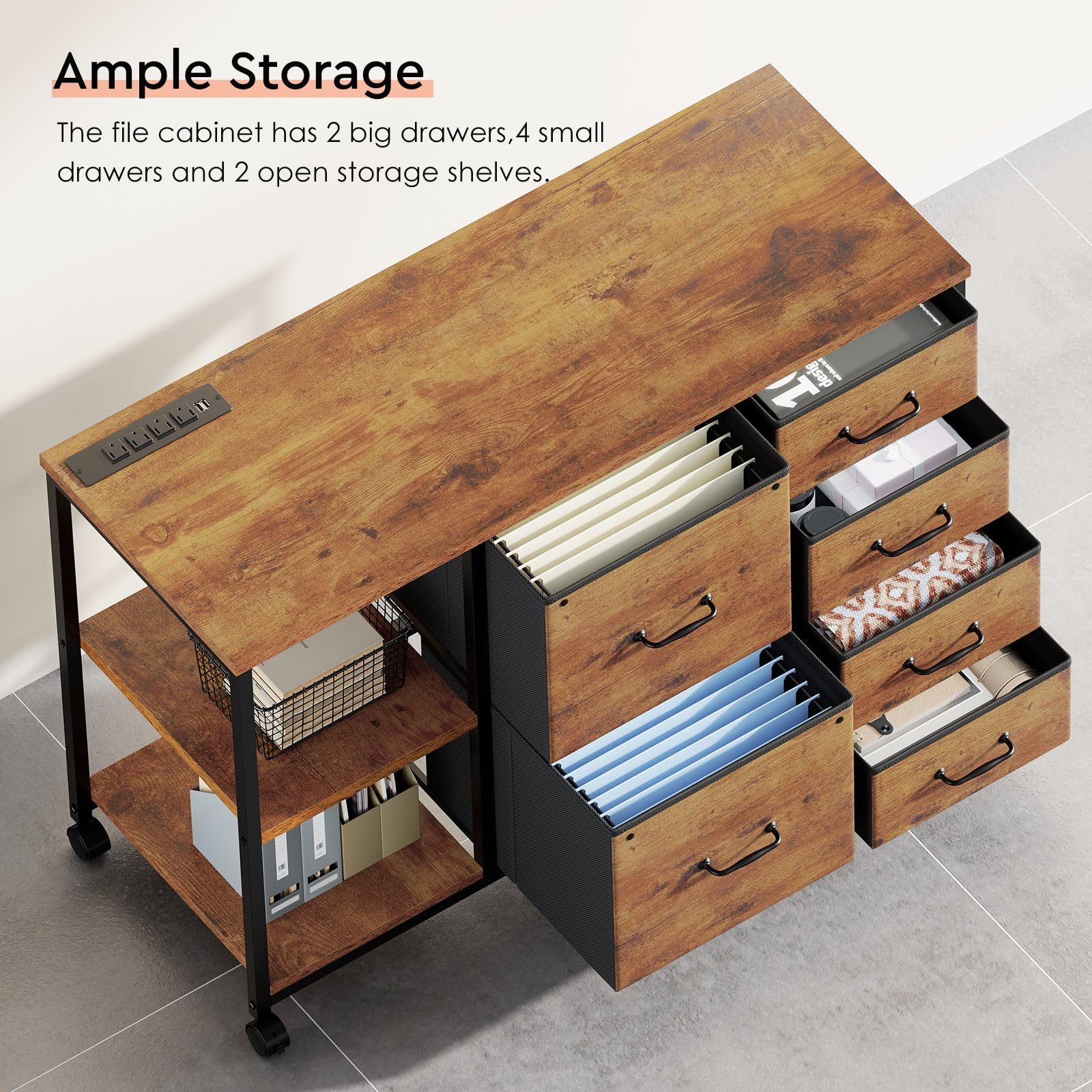 6-Drawer Rolling File Cabinet with Charging Station