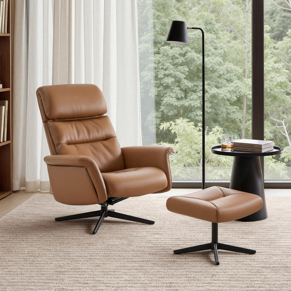 CHITA Genuine Leather Self-Weight Swivel Accent Chair with Ottoman, Saddle