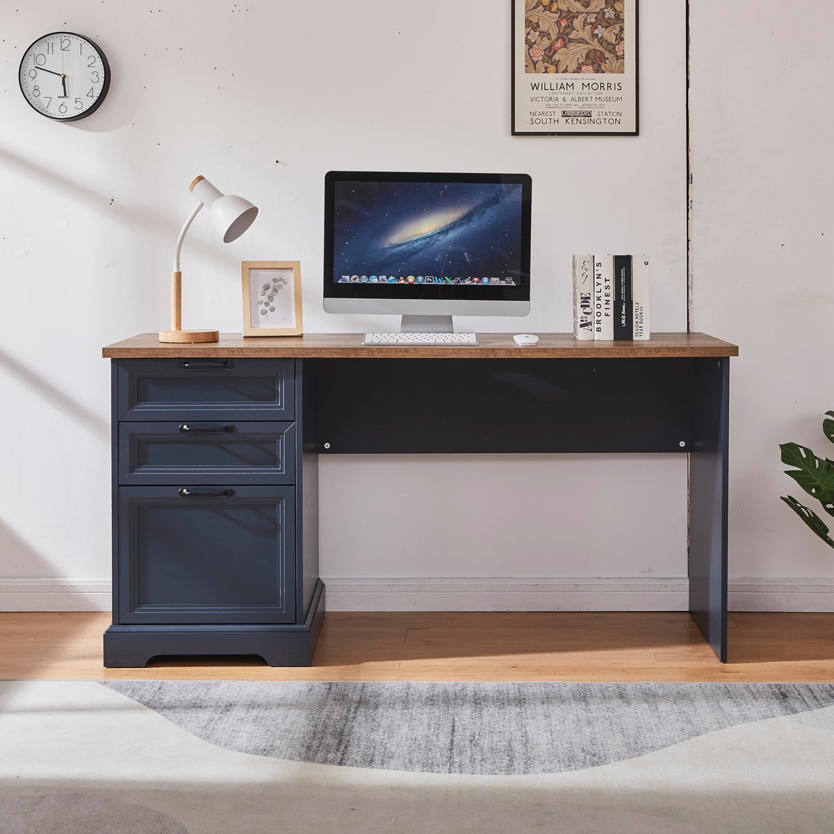 Zethvax 60" Farmhouse Executive Desk with Charging Station,Home Office Desk with 2 Drawers &1 File Cabinet,Fluted Computer Desk for Office and Home (Blue)