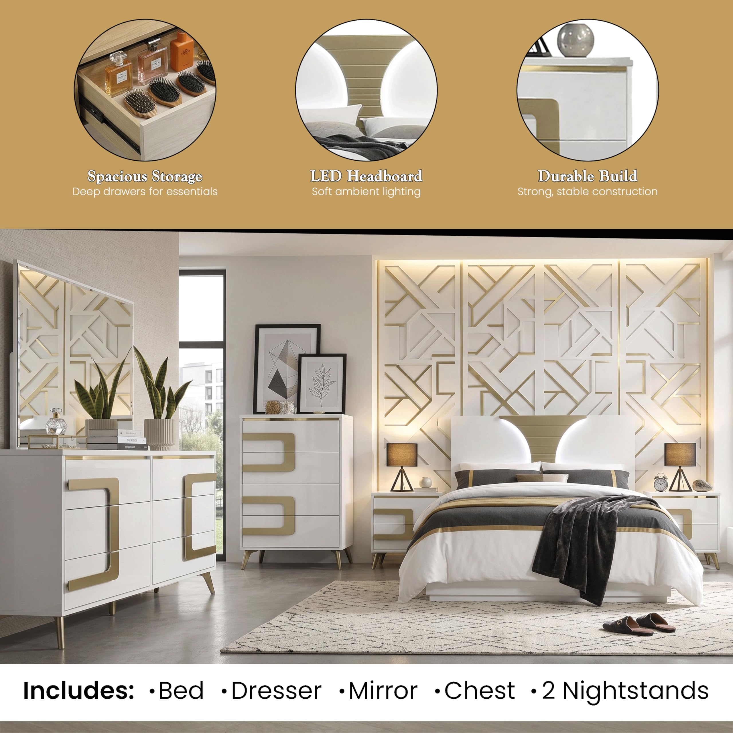 Claire 6-Piece Bedroom Set with LED Headboard – White & Gold